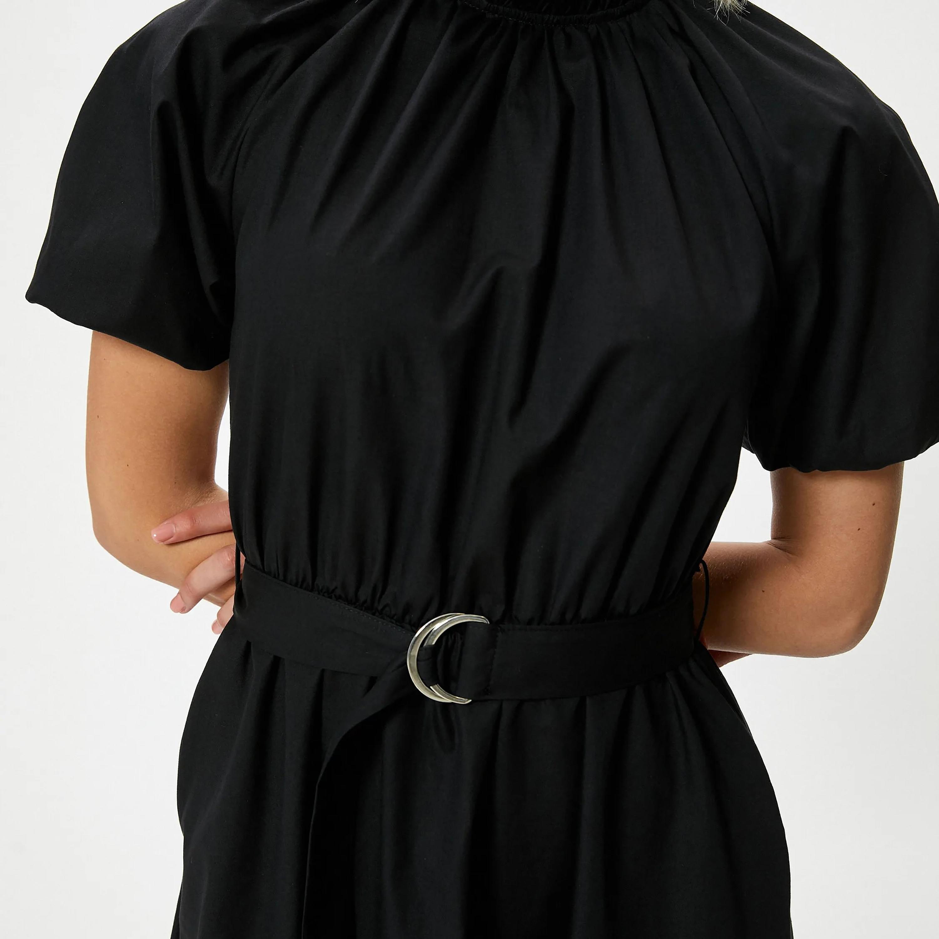 KOTON Black Plain Cotton Ruffled Neck Puff Sleeves Belted Women's Midi Dress-women-clothing-dresses-image-4