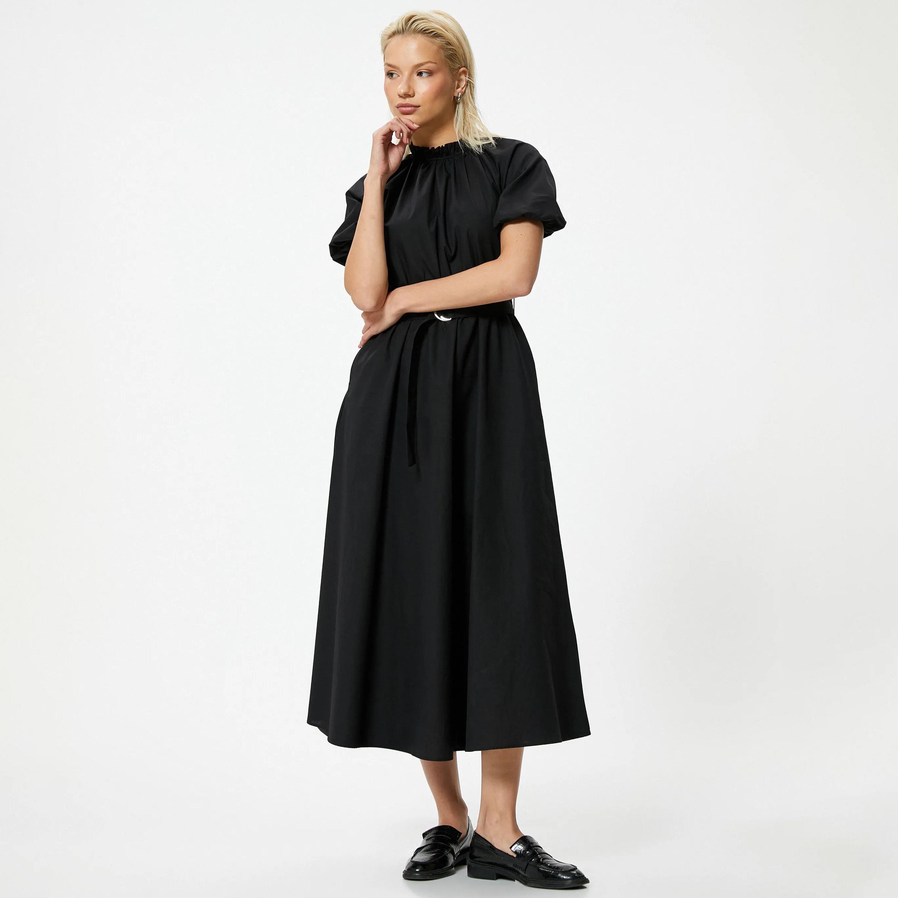 KOTON Black Plain Cotton Ruffled Neck Puff Sleeves Belted Women's Midi Dress-women-clothing-dresses-image-5