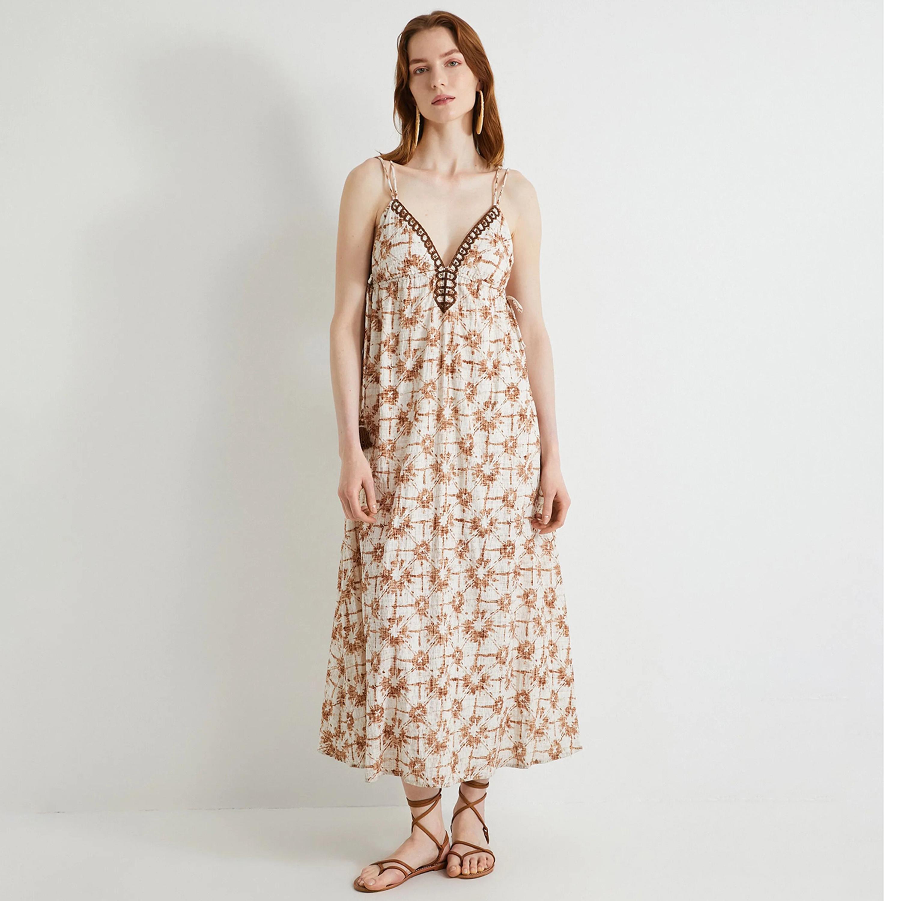 KOTON Brown Tie Dye Cotton Shoulder Straps Women's Midi Dress-women-clothing-dresses-image-1