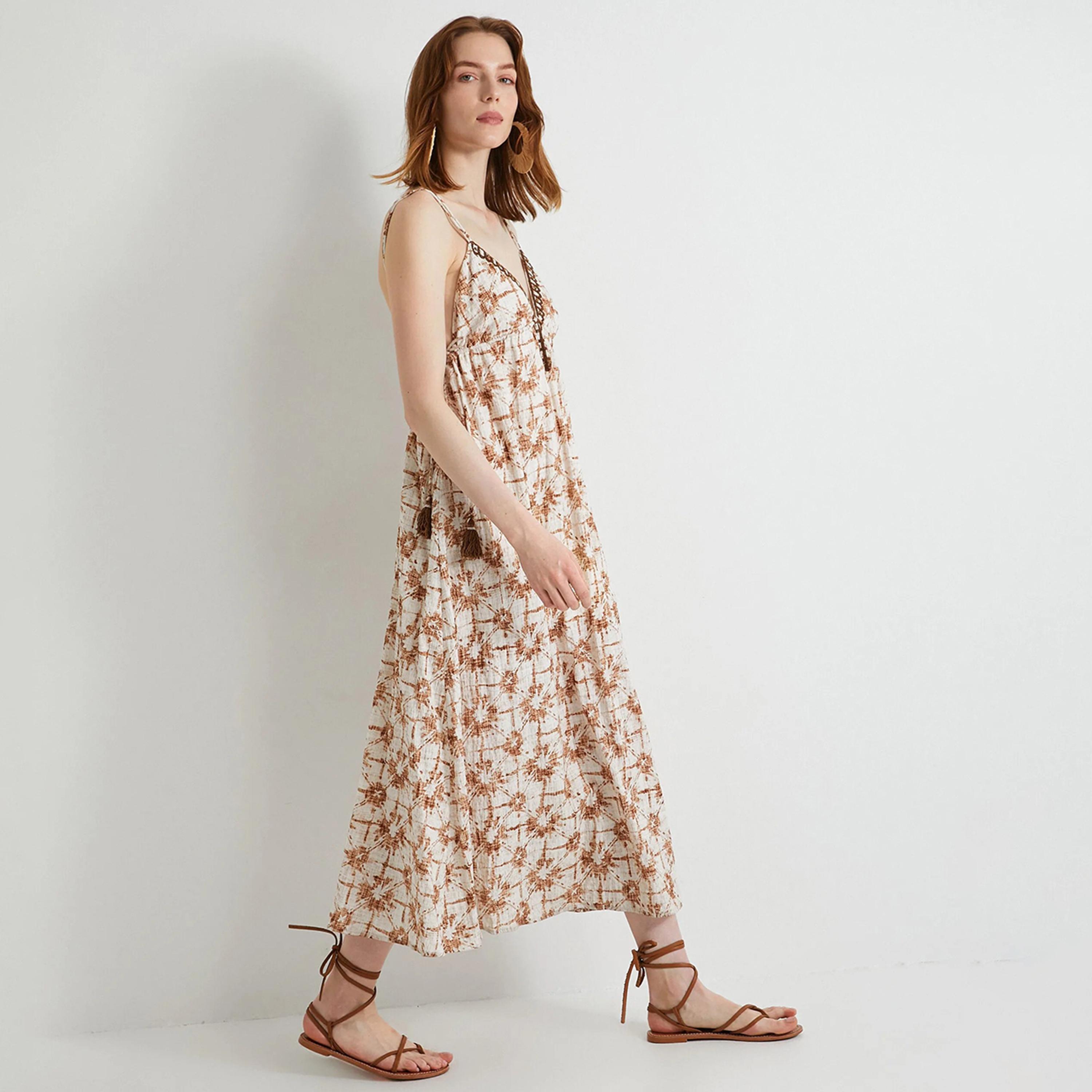 KOTON Brown Tie Dye Cotton Shoulder Straps Women's Midi Dress-women-clothing-dresses-image-2