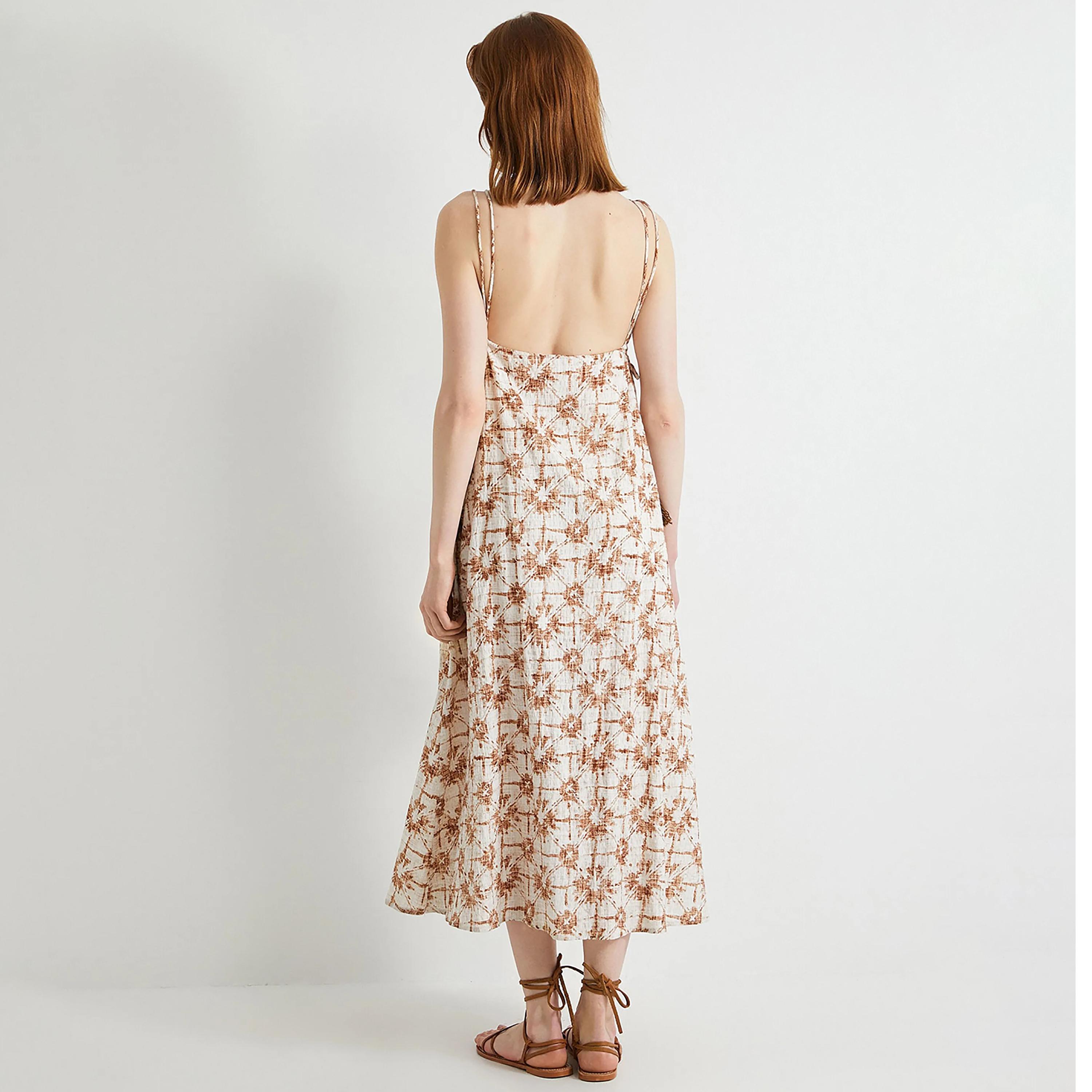 KOTON Brown Tie Dye Cotton Shoulder Straps Women's Midi Dress-women-clothing-dresses-image-3