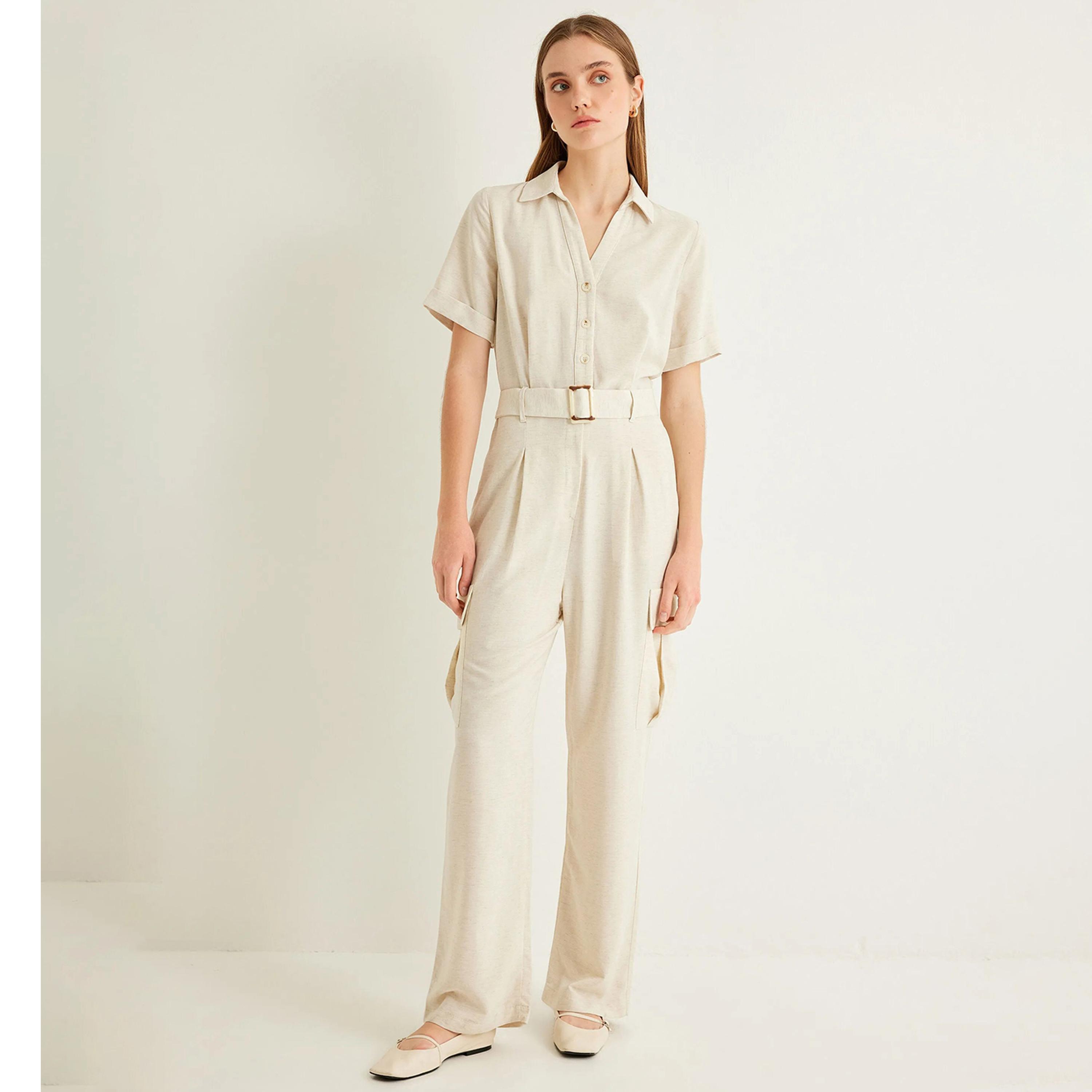 KOTON White Plain Collared Women's Jumpsuit-women-clothing-jumpsuits-image-1