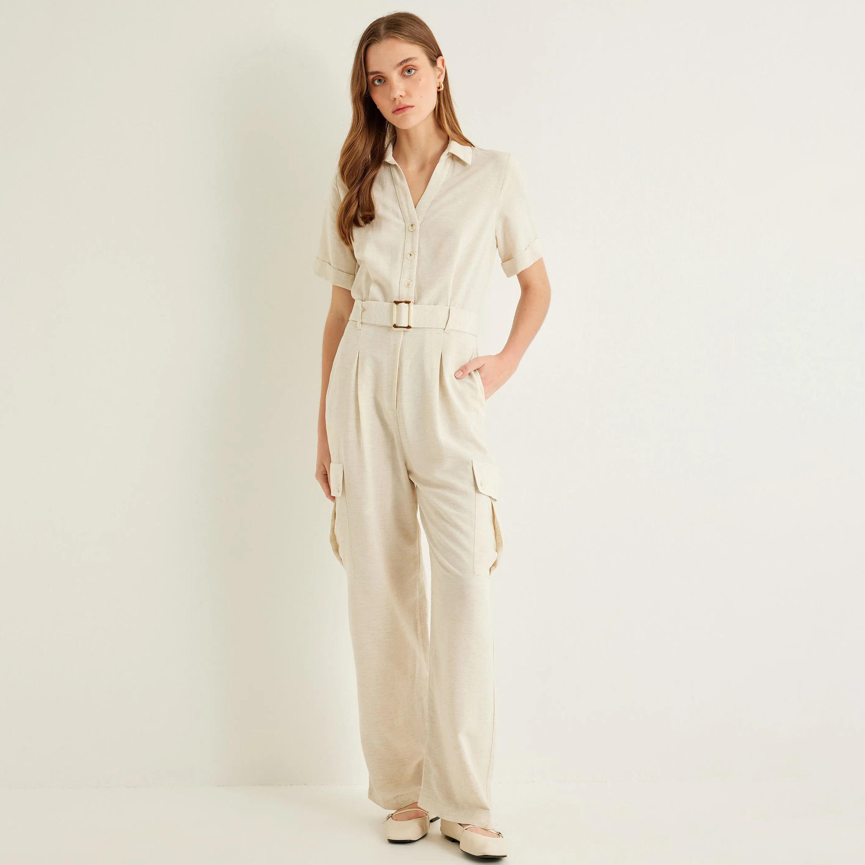 جمبسوت نسائي أبيض سادة بياقة من كوتون-women-clothing-jumpsuits-image-5