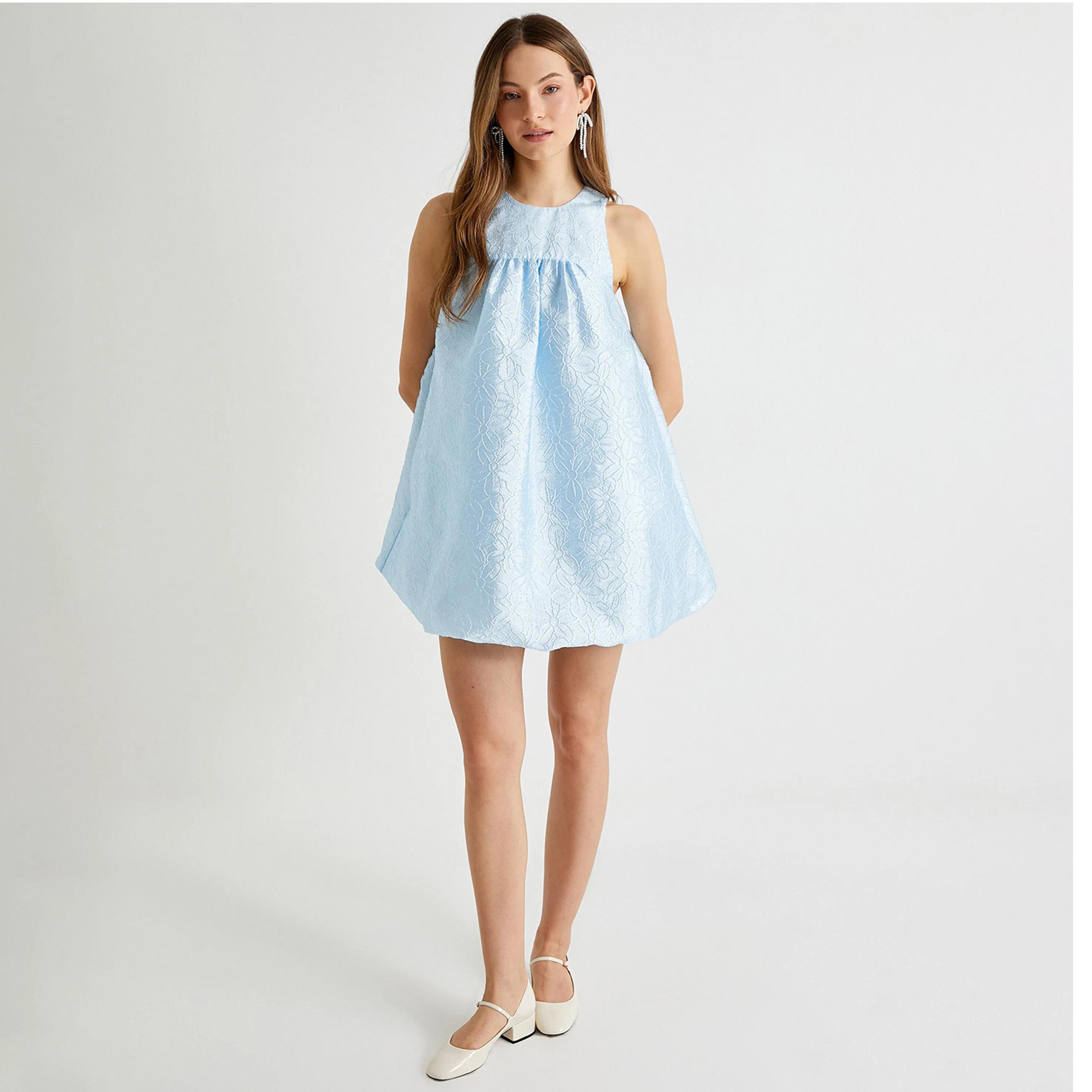 فستان نسائي قصير مزهر باللون الأزرق من كوتون-women-clothing-dresses-image-1