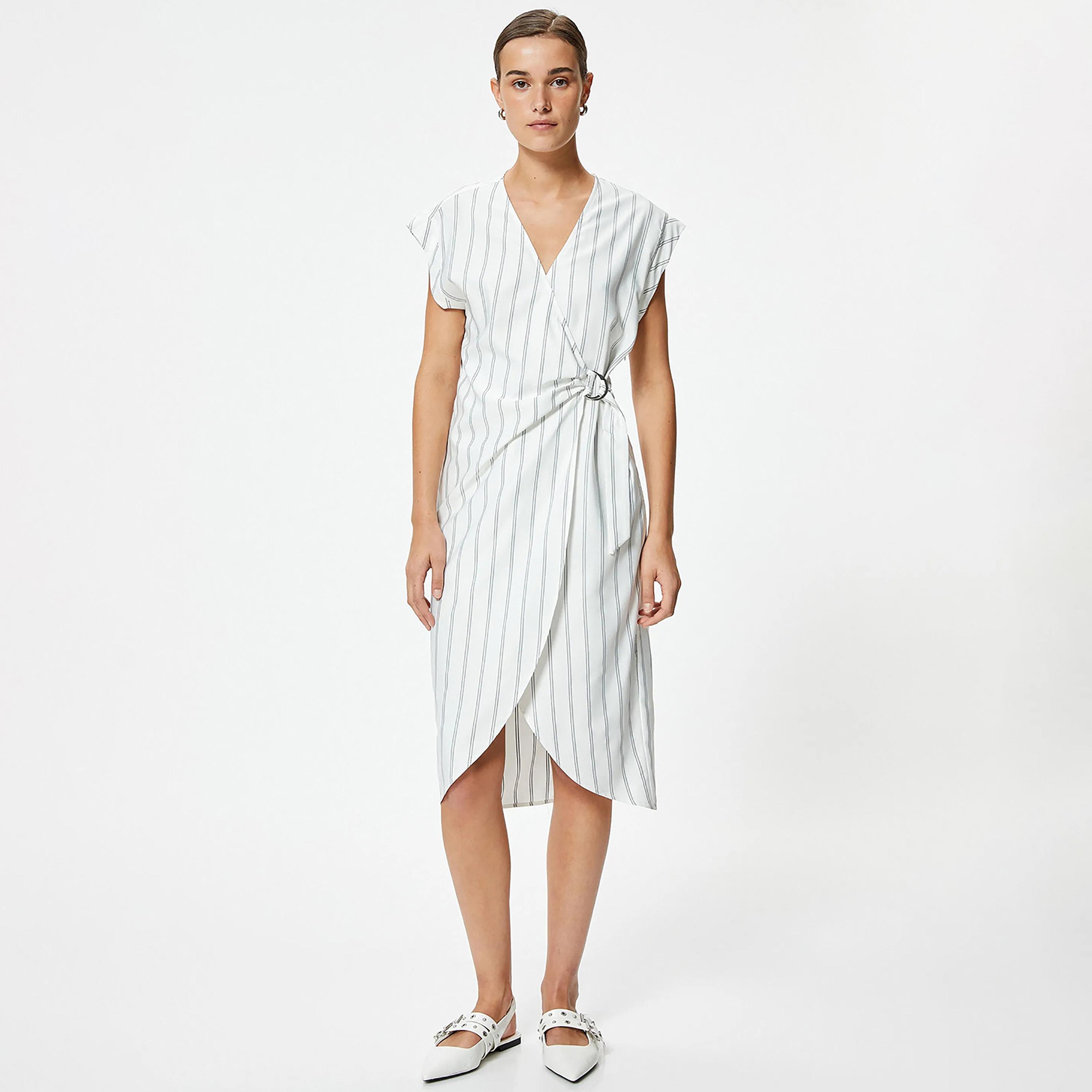 KOTON White Striped Wrap Women's Midi Dress-women-clothing-dresses-image-1
