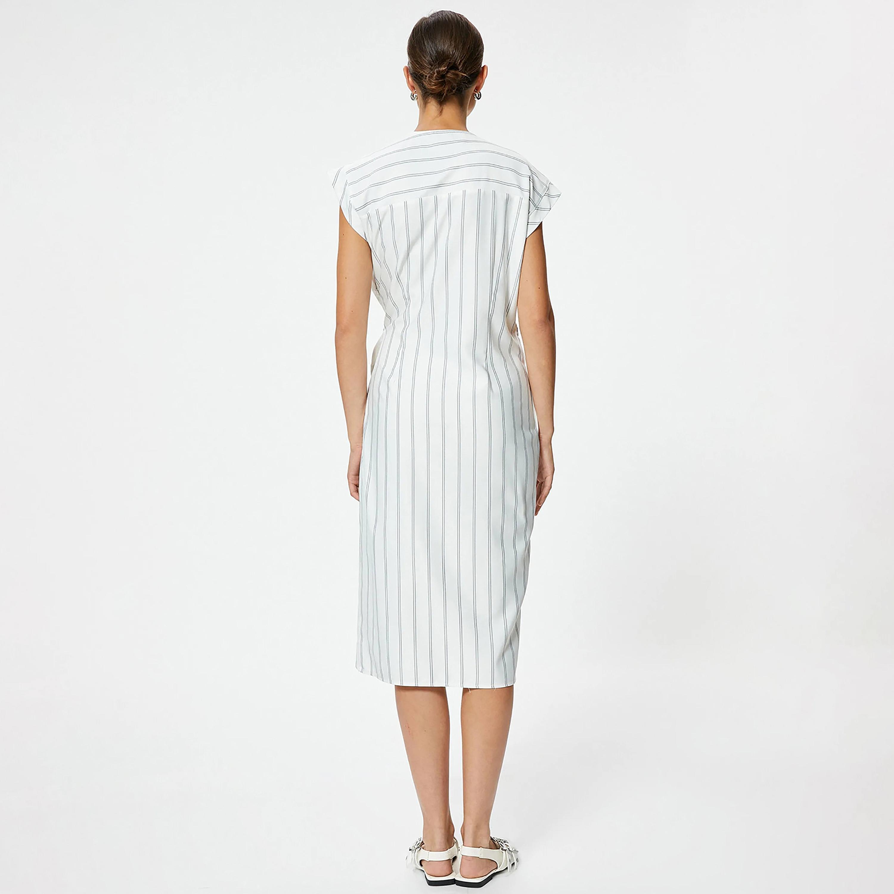 KOTON White Striped Wrap Women's Midi Dress-women-clothing-dresses-image-3