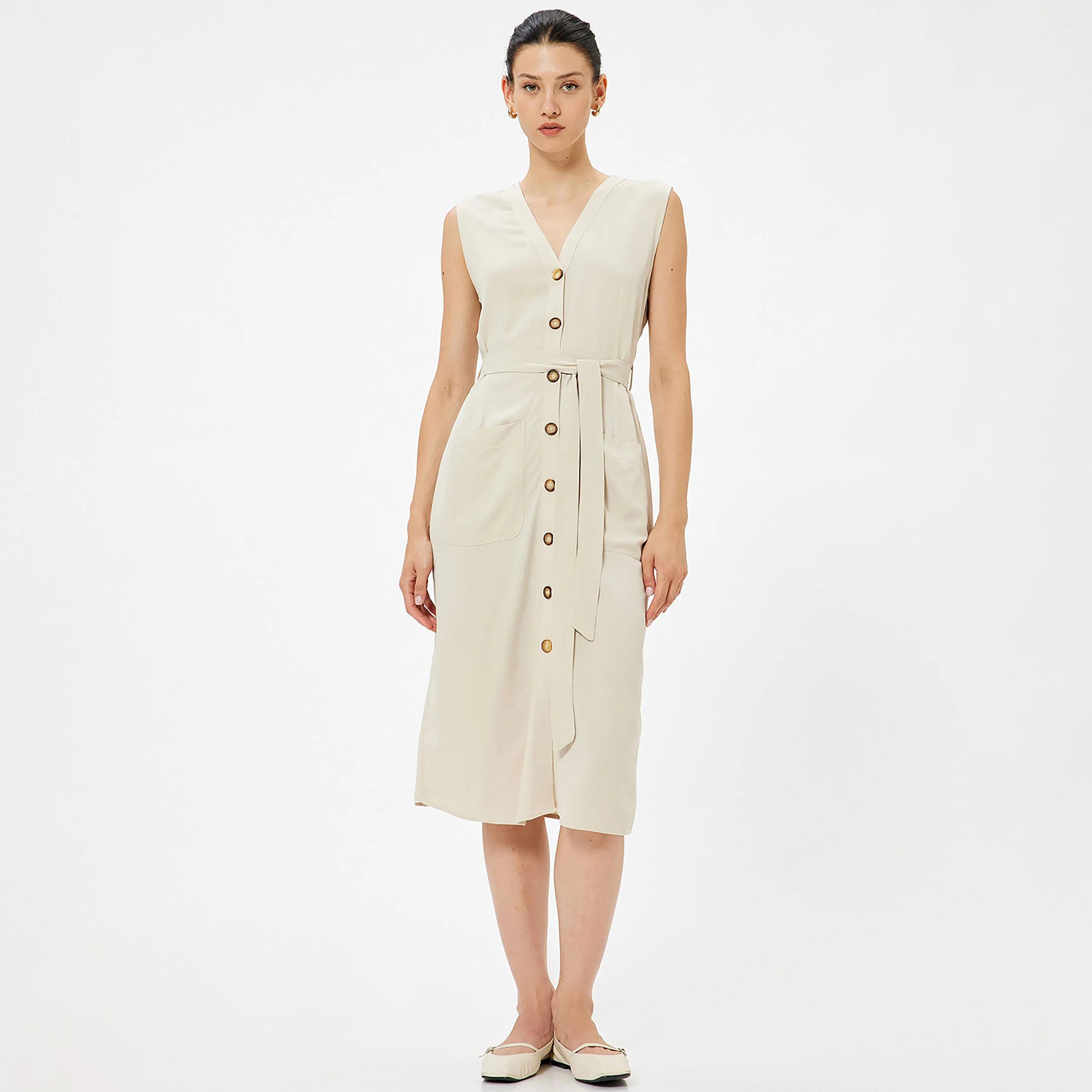 KOTON Beige Plain Sheath Women's Midi Dress-women-clothing-dresses-image-1