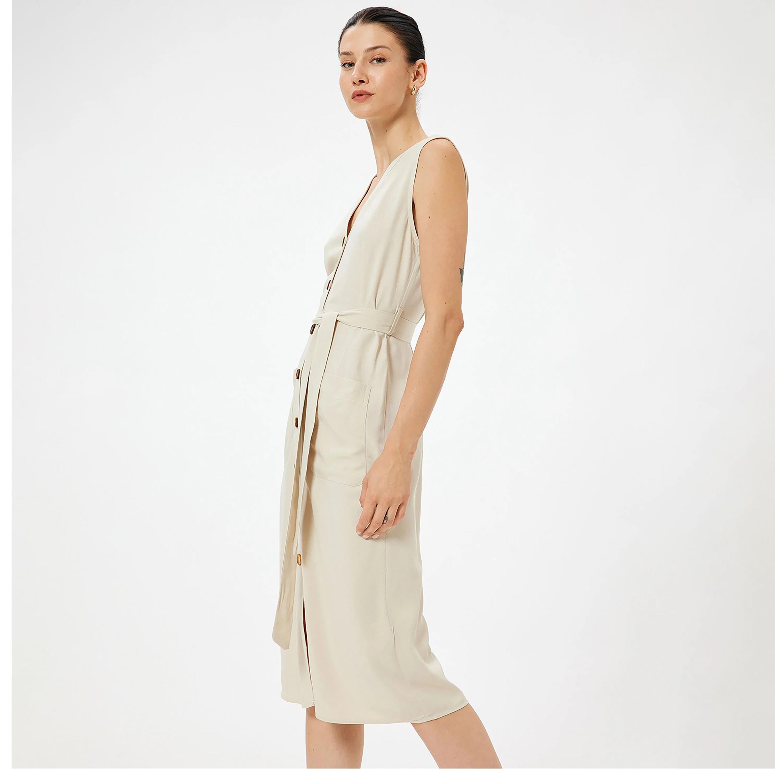 KOTON Beige Plain Sheath Women's Midi Dress-women-clothing-dresses-image-2