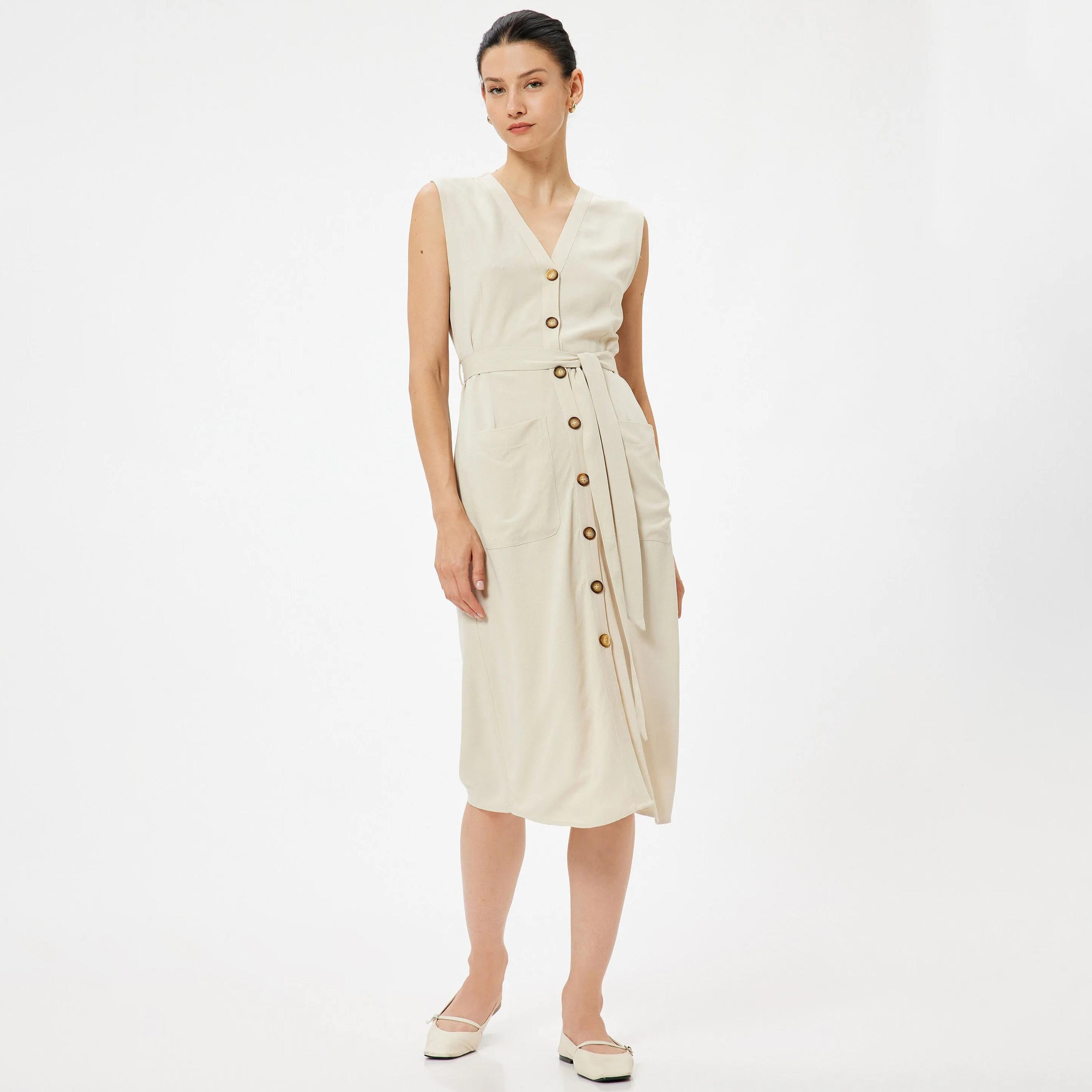 KOTON Beige Plain Sheath Women's Midi Dress-women-clothing-dresses-image-5