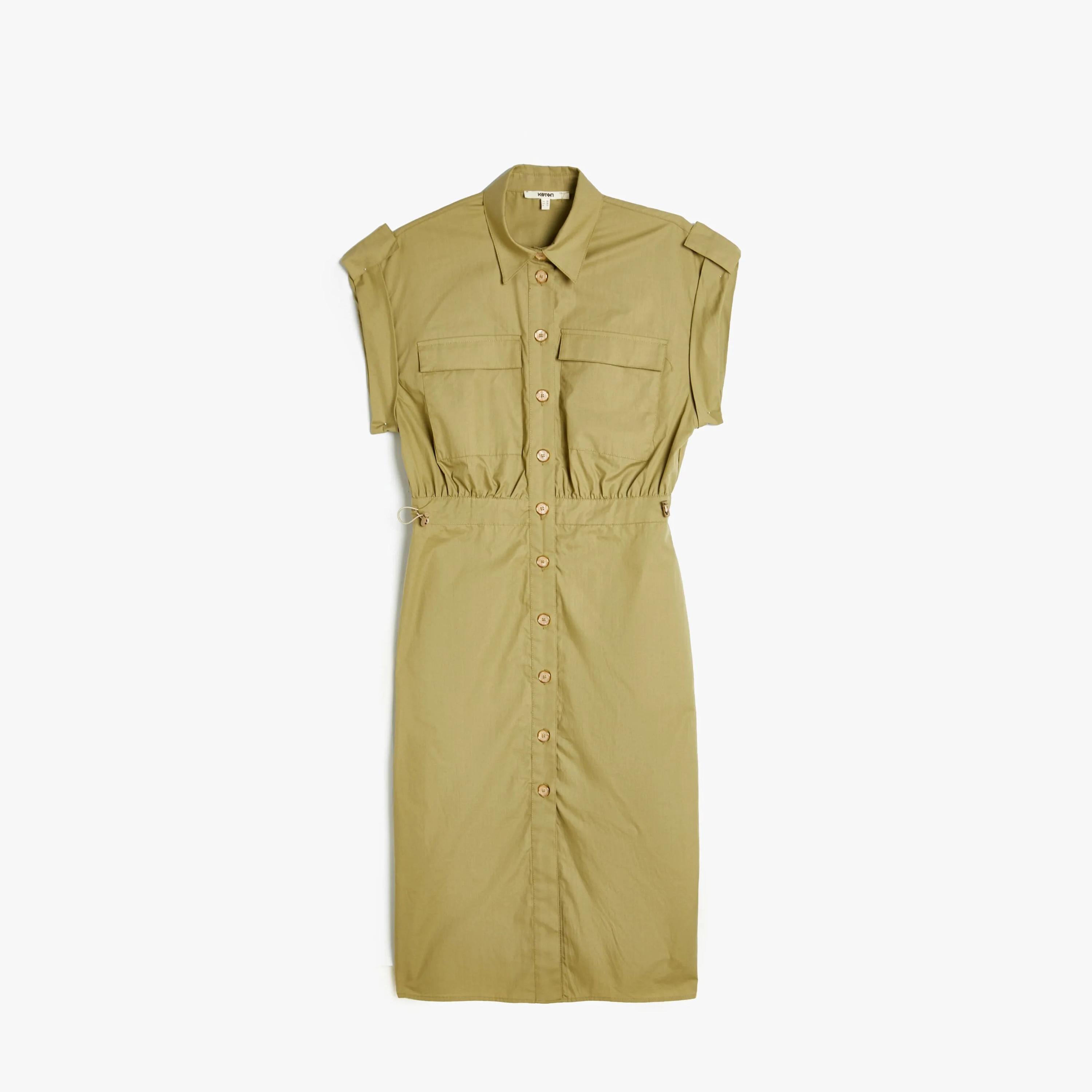 KOTON Green Plain Cotton Collared Women's Midi Shirt Dress-women-clothing-dresses-image-1