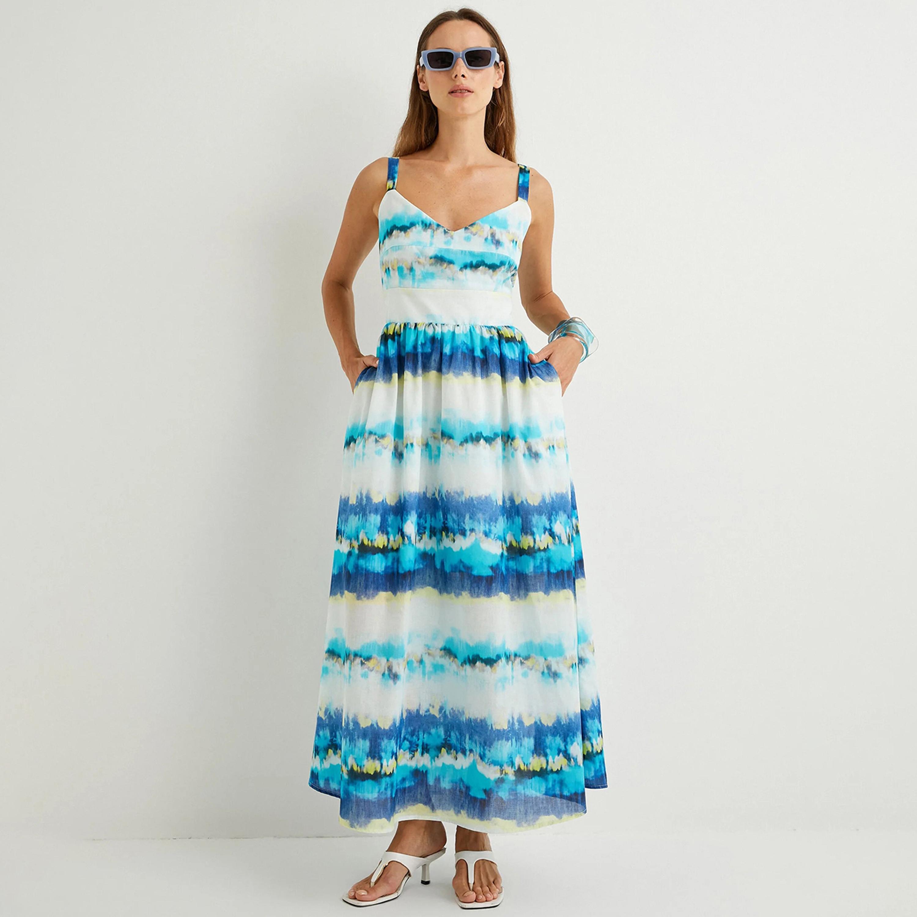 KOTON Blue Tie Dye Cotton Sweetheart Neck Fit & Flared Women's Maxi Dress-women-clothing-dresses-image-1