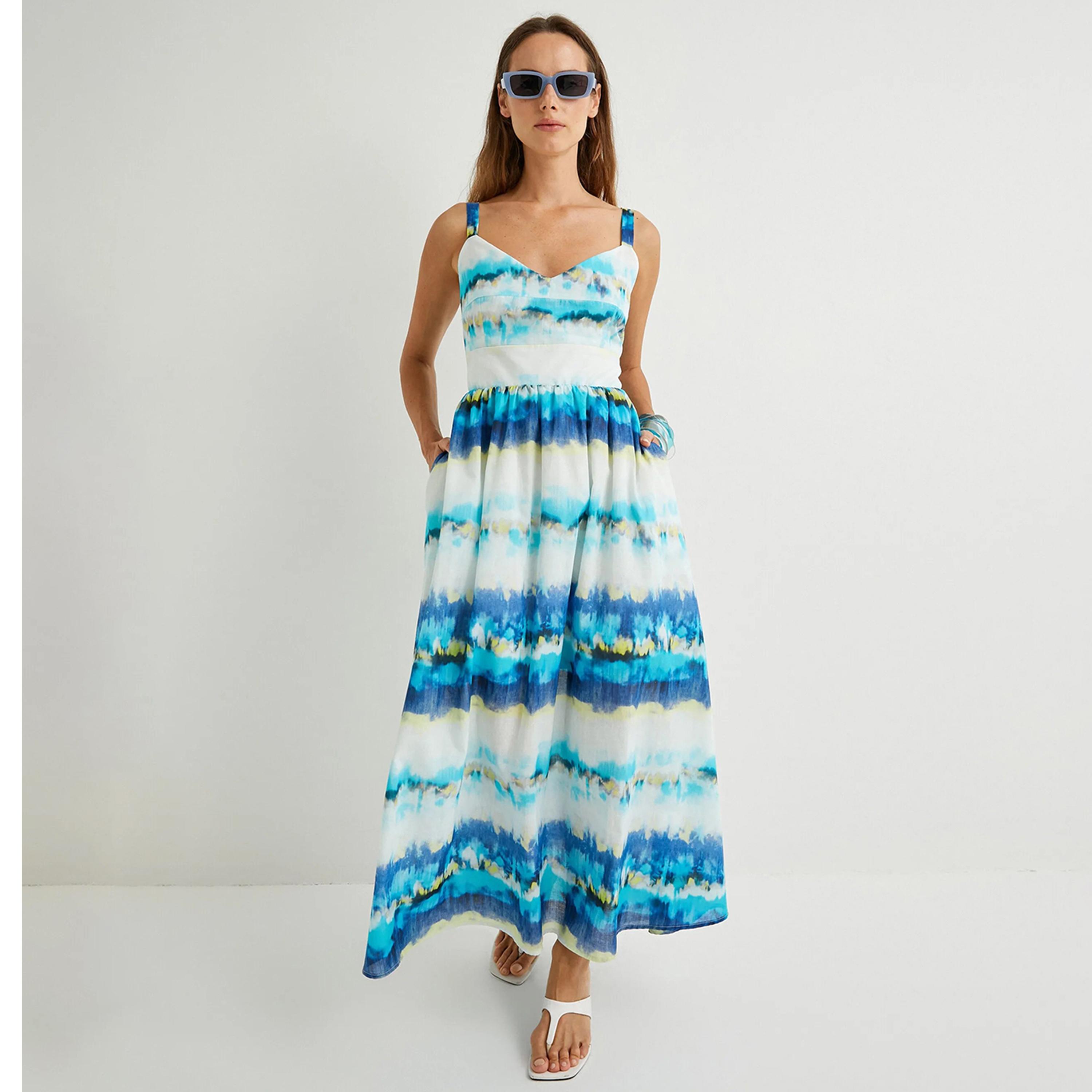 KOTON Blue Tie Dye Cotton Sweetheart Neck Fit & Flared Women's Maxi Dress-women-clothing-dresses-image-2