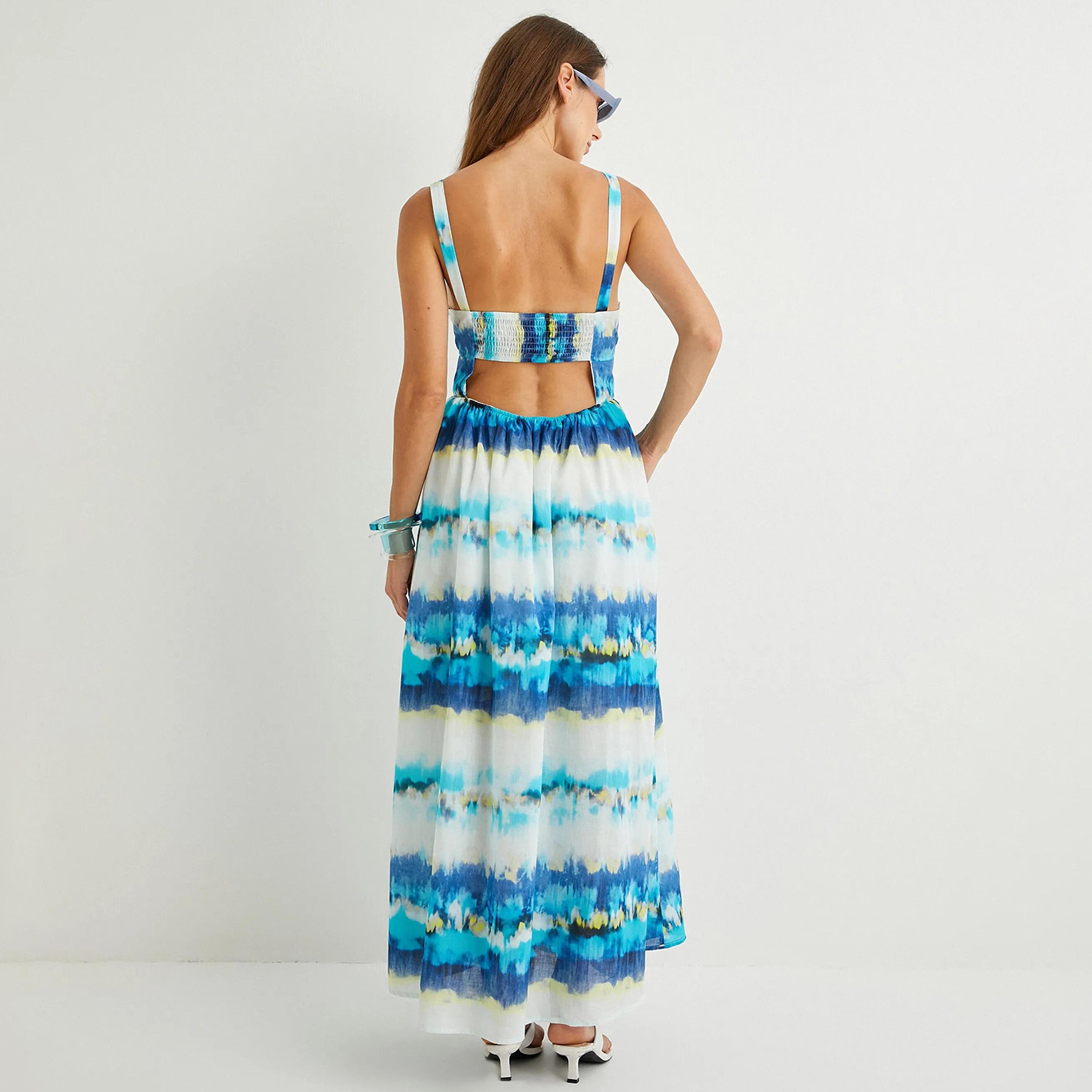 KOTON Blue Tie Dye Cotton Sweetheart Neck Fit & Flared Women's Maxi Dress-women-clothing-dresses-image-3