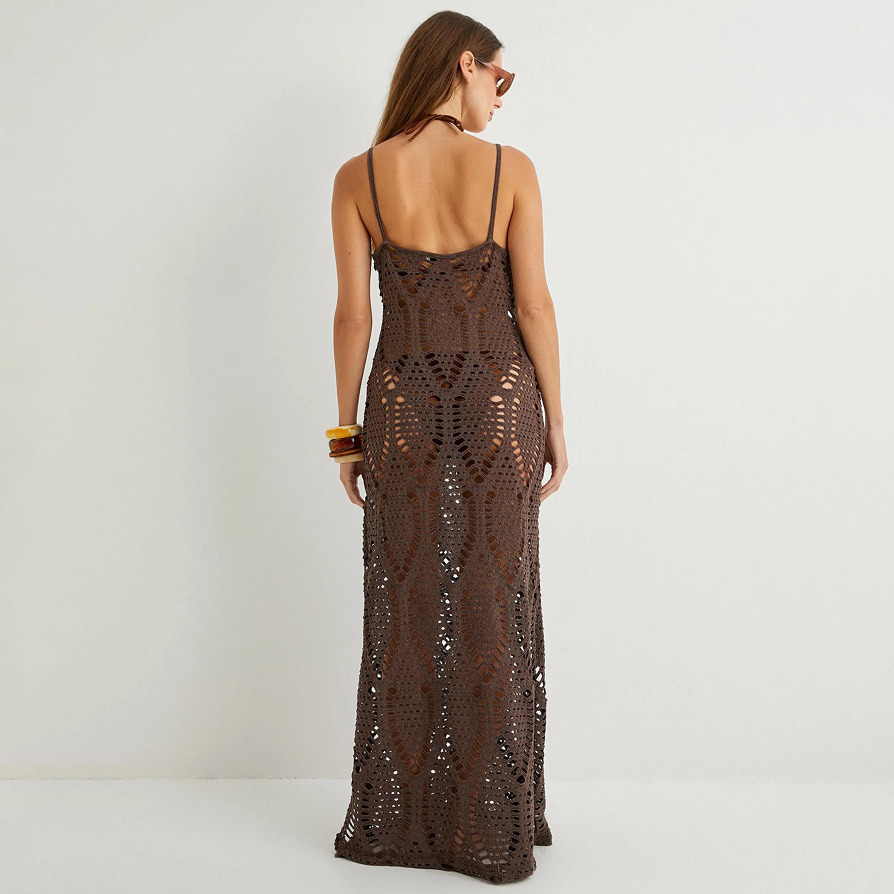 فستان ماكسي بني اللون للنساء مع حزام كتف كروشيه وفتحة من كوتون-women-clothing-dresses-image-3