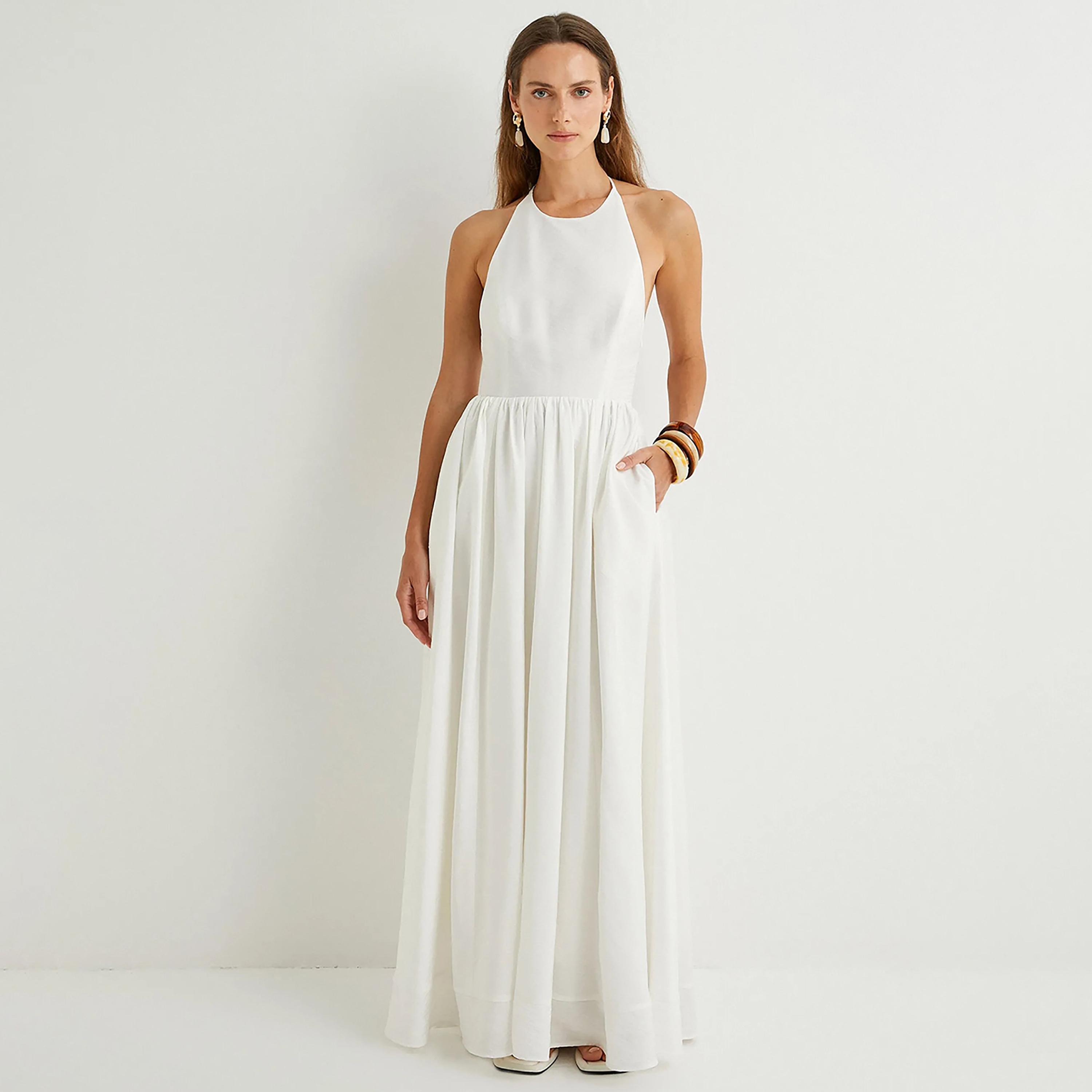 KOTON White Plain Halter Neck Fit & Flared Women's Maxi Dress-women-clothing-dresses-image-1