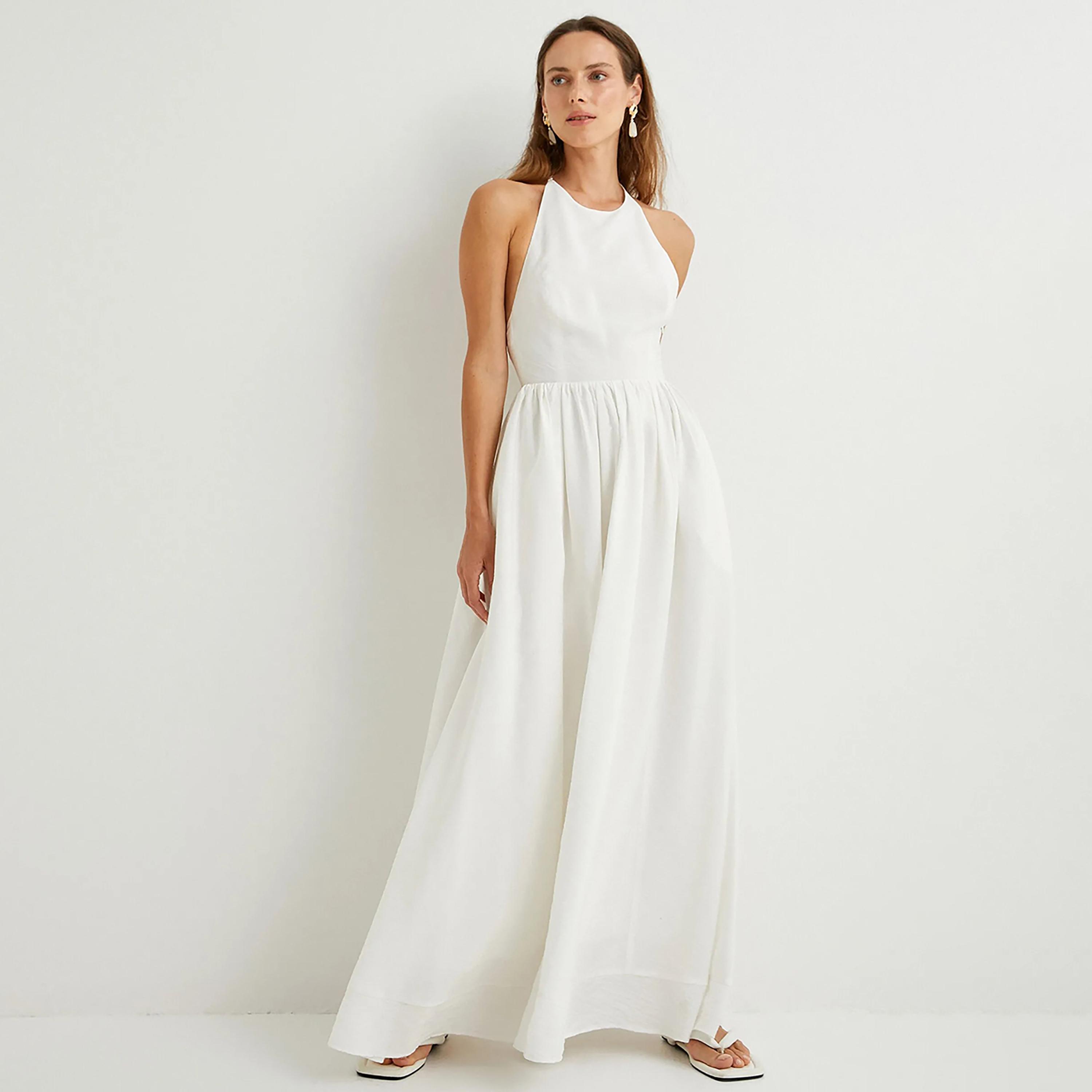 KOTON White Plain Halter Neck Fit & Flared Women's Maxi Dress-women-clothing-dresses-image-2