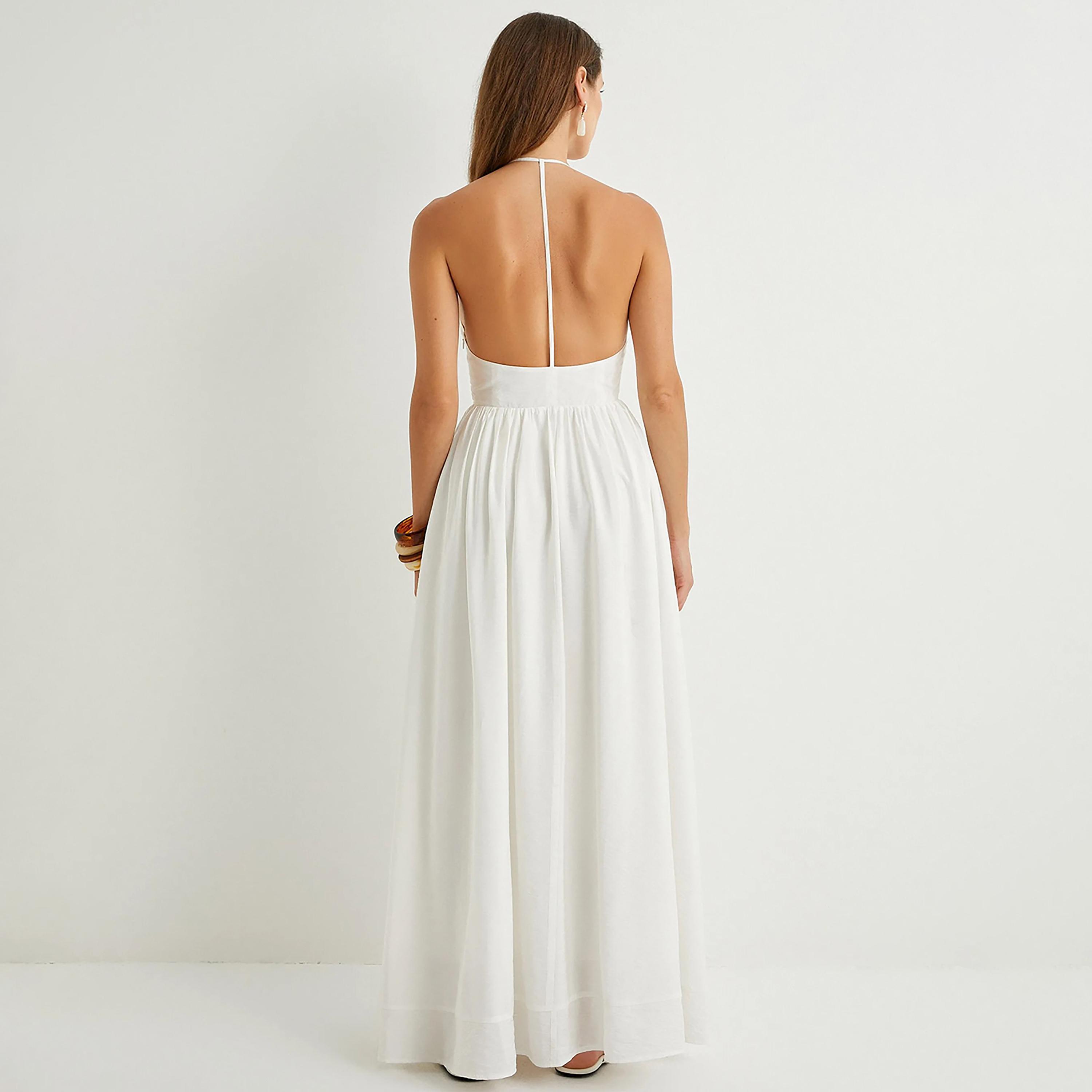 KOTON White Plain Halter Neck Fit & Flared Women's Maxi Dress-women-clothing-dresses-image-3