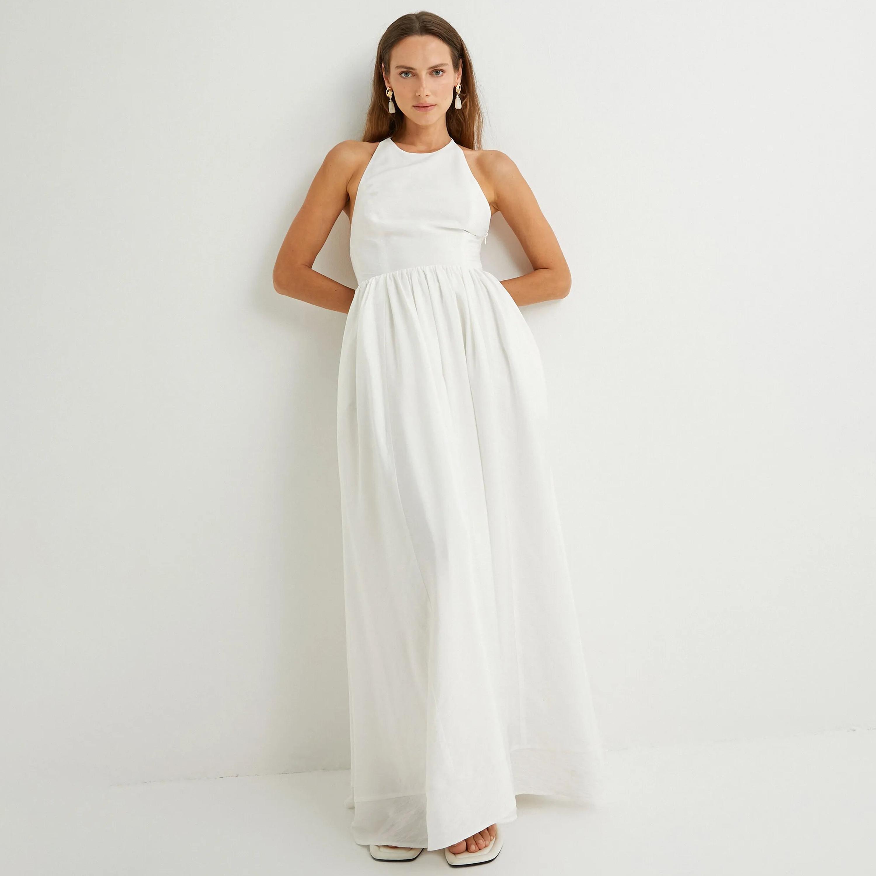 KOTON White Plain Halter Neck Fit & Flared Women's Maxi Dress-women-clothing-dresses-image-5