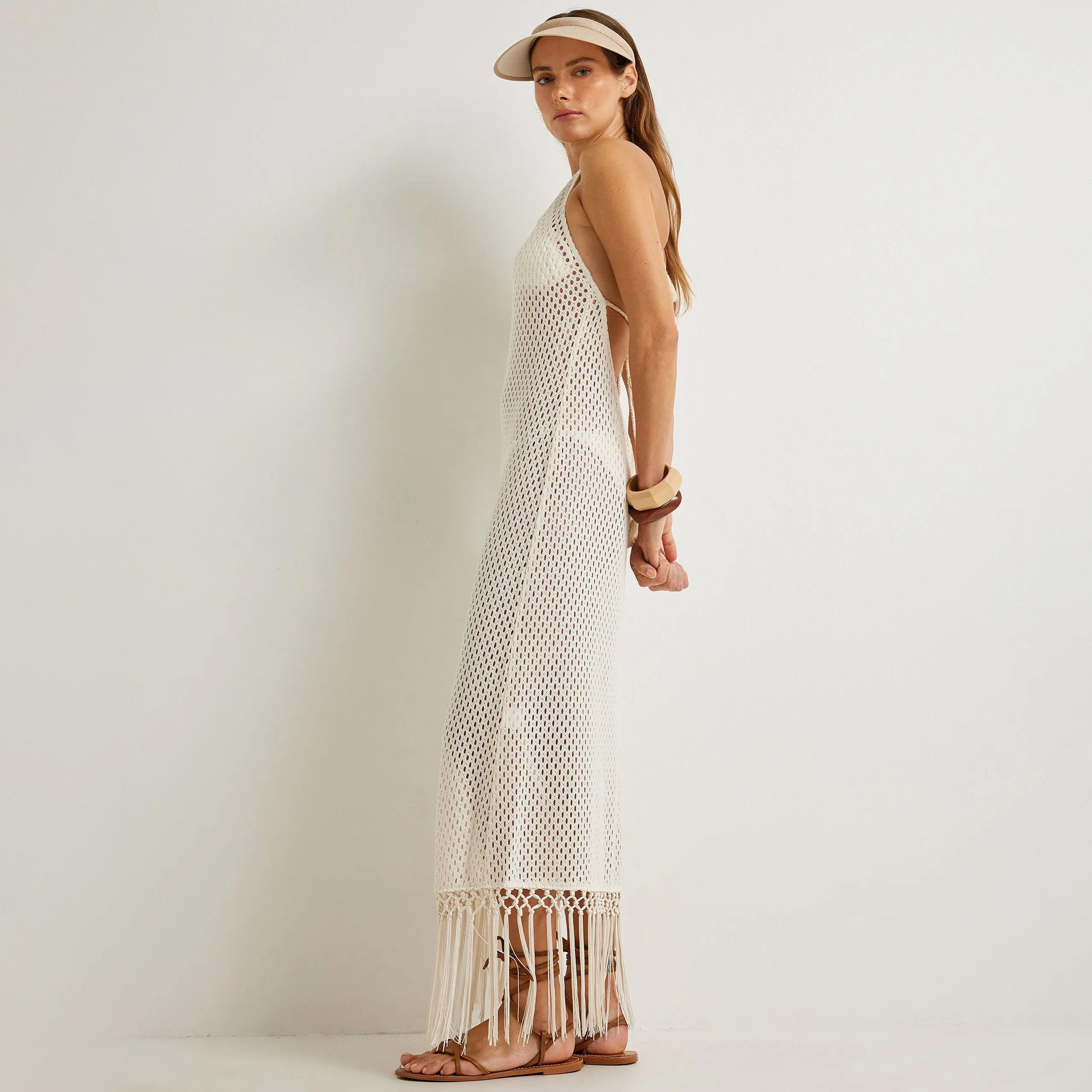 KOTON White Crochet Halter Neck Women's Maxi Dress-women-clothing-dresses-image-5
