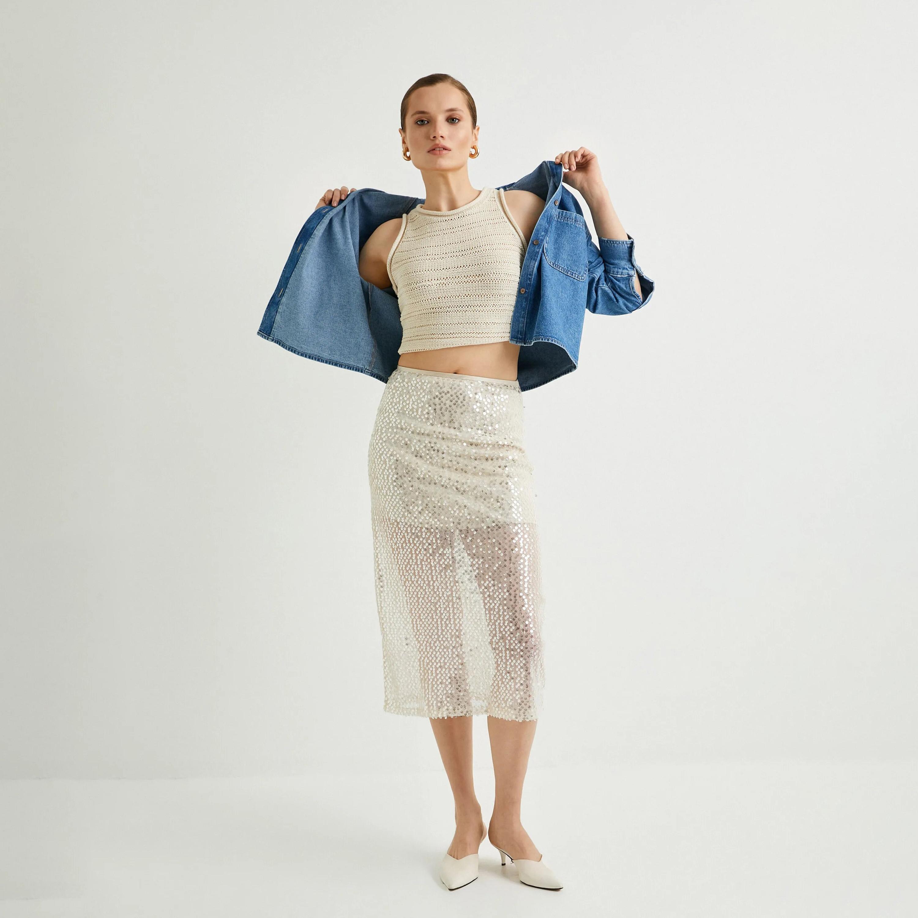KOTON Yellow Sequined Concealed Zip Women's Skirt-women-clothing-bottoms-skirts-image-2