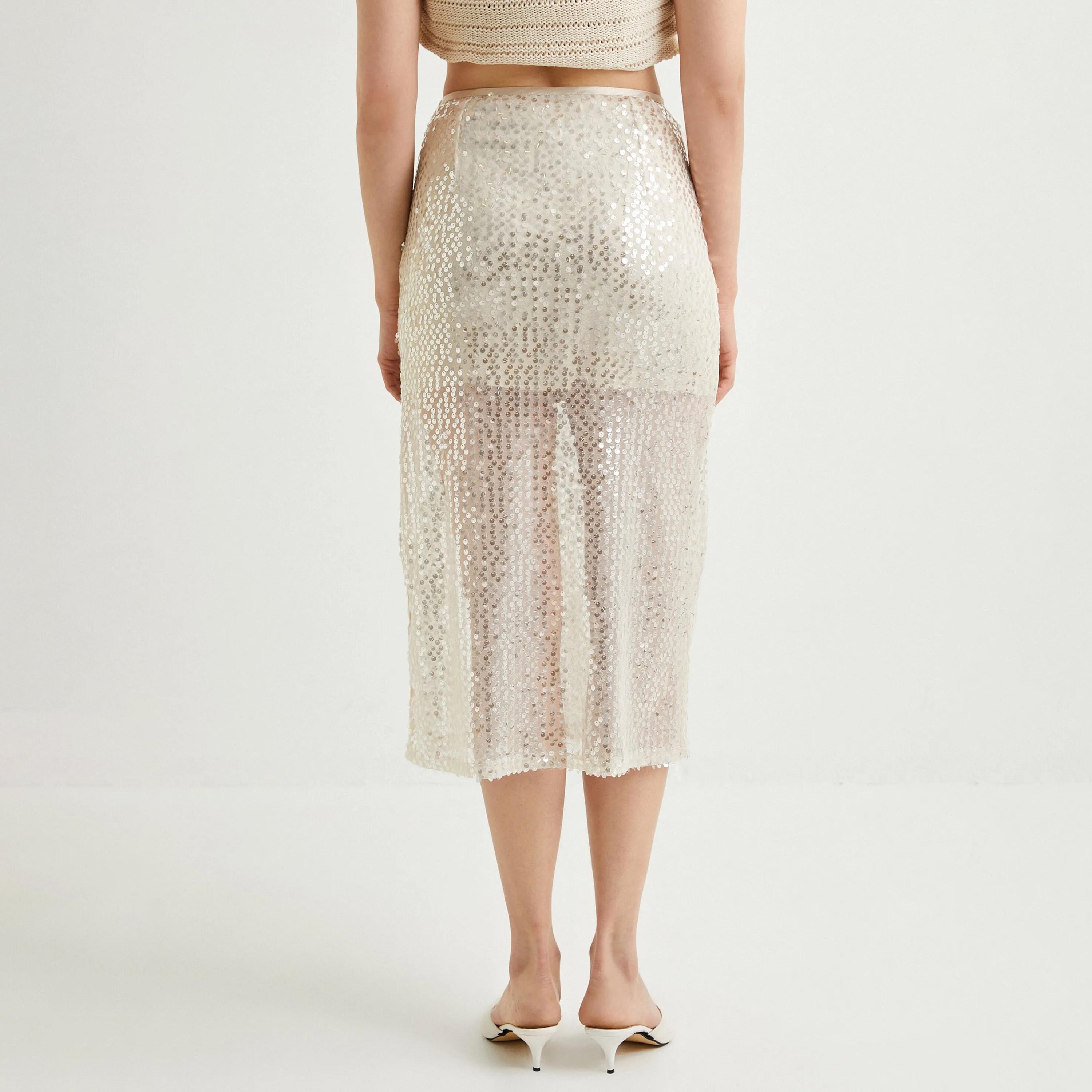 KOTON Yellow Sequined Concealed Zip Women's Skirt-women-clothing-bottoms-skirts-image-3