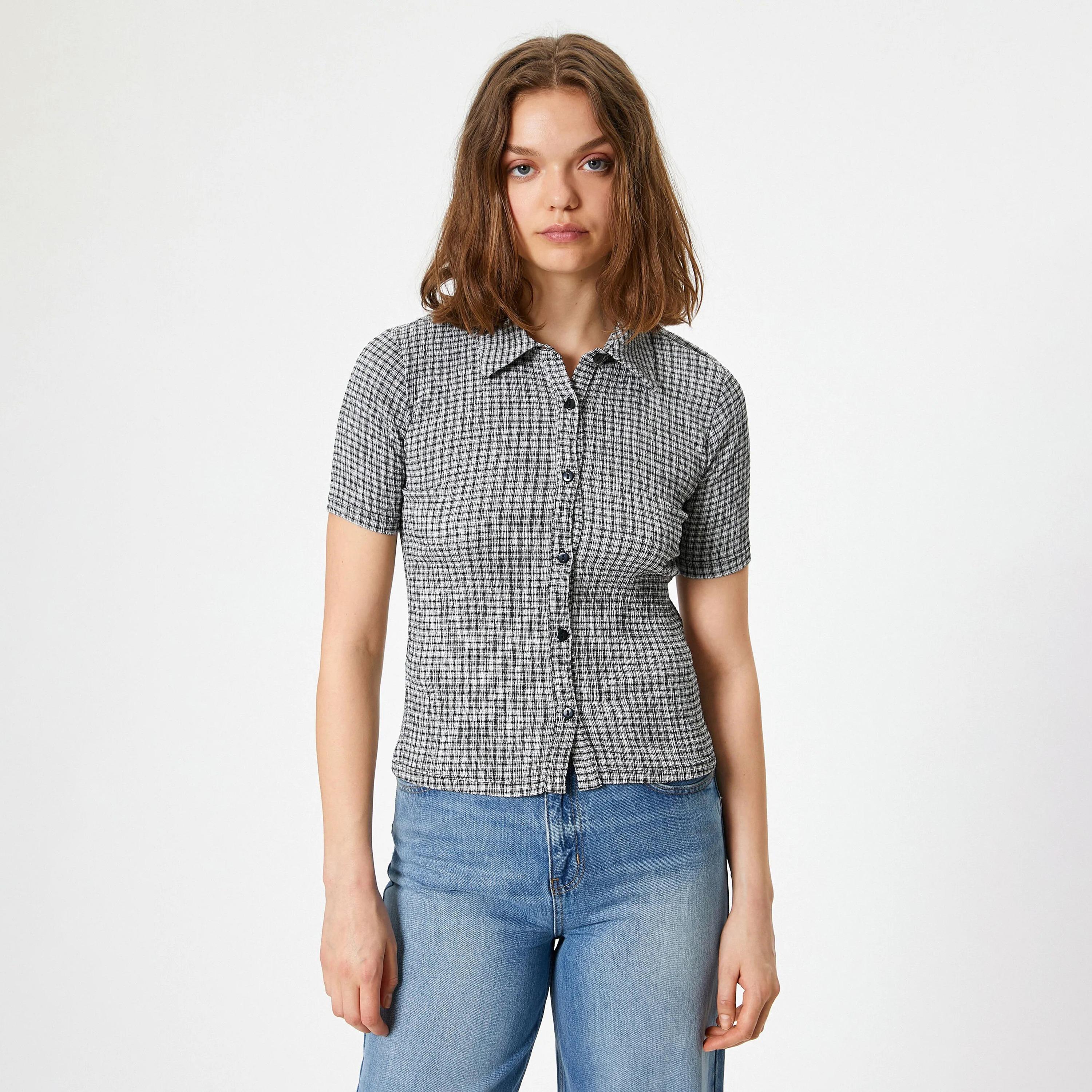 قميص نسائي رمادي منقوش بياقة من كوتون-women-clothing-shirtsandblouses-shirts-image-1