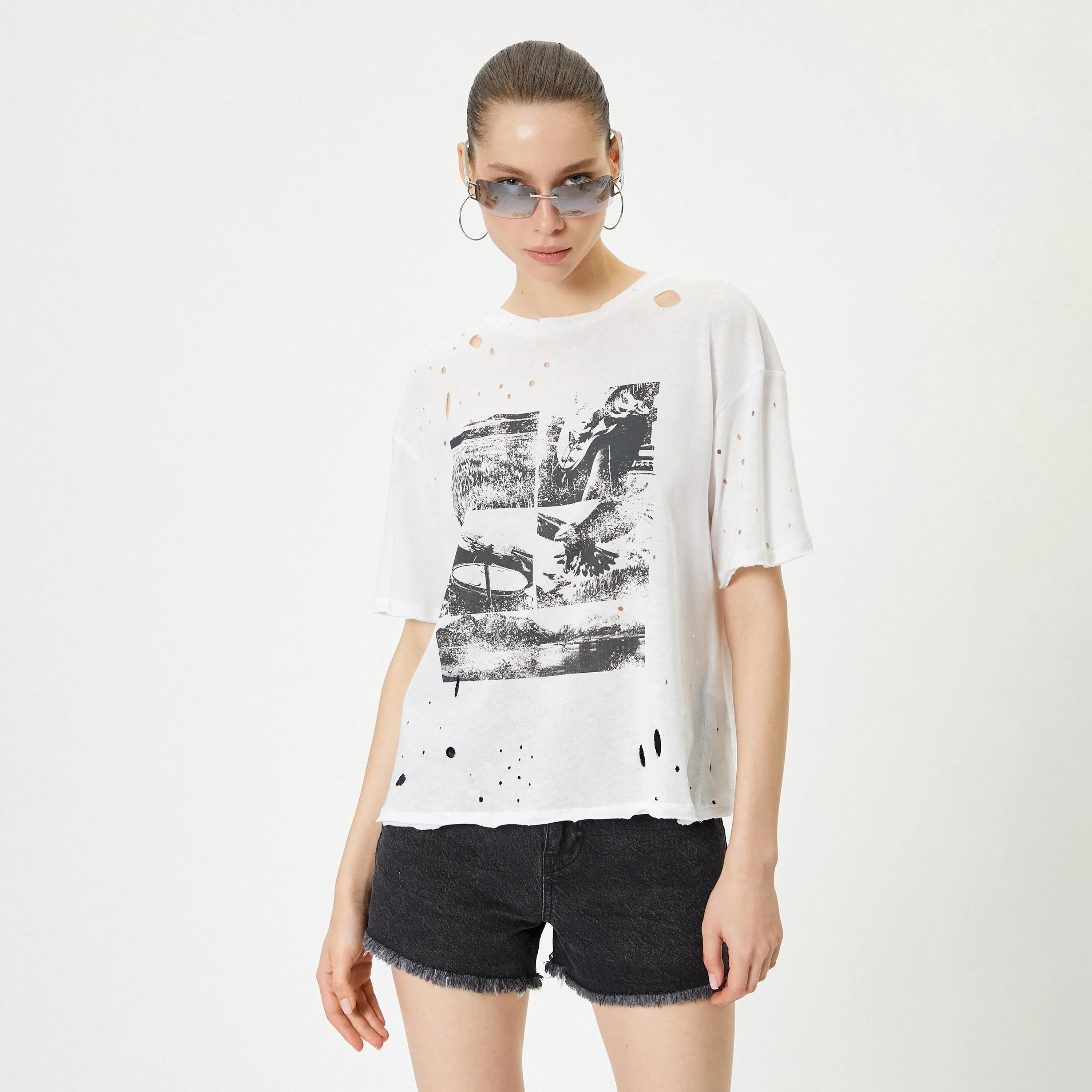 KOTON White Graphic Cotton Crew Neck Women's T-Shirt-women-clothing-tshirts-image-1