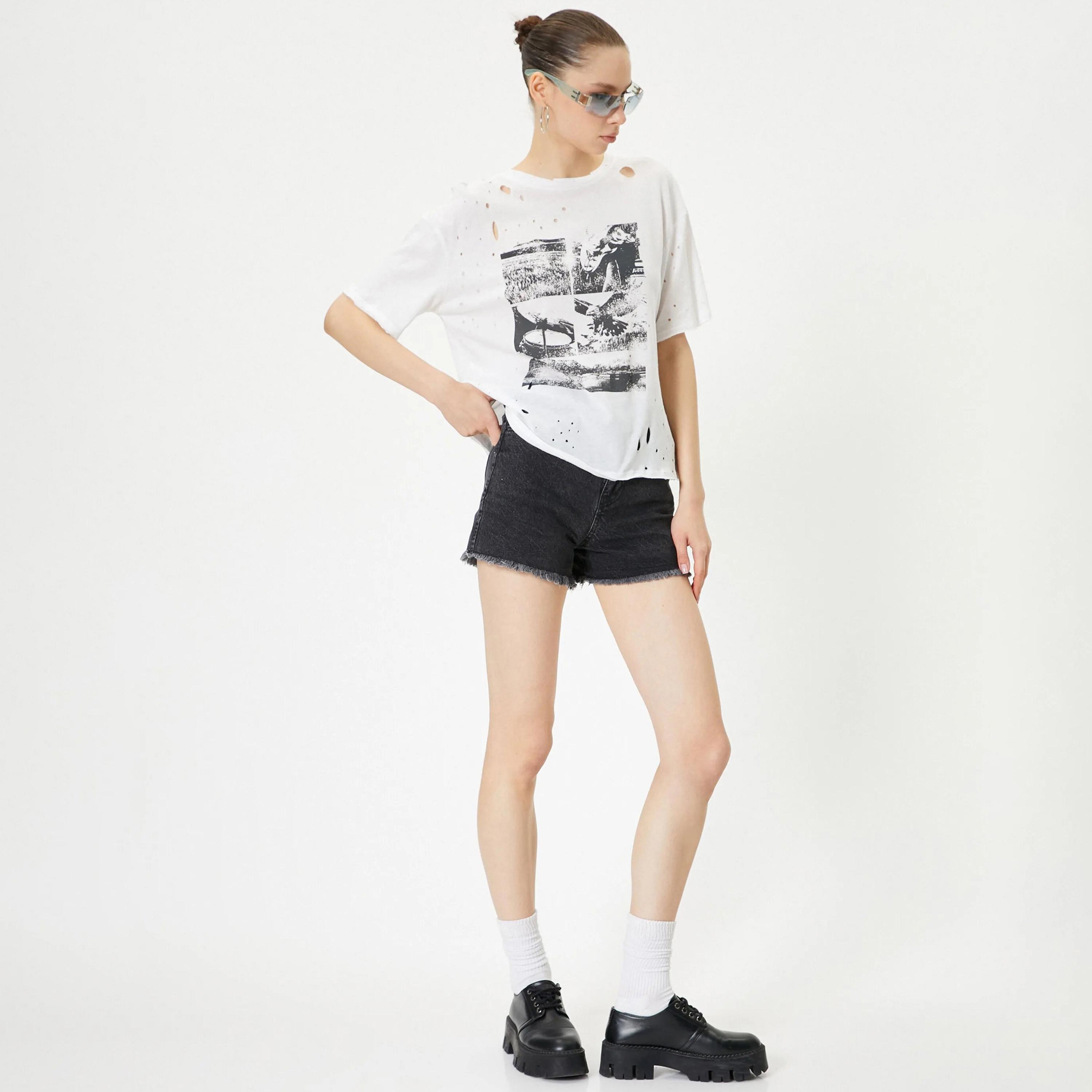 KOTON White Graphic Cotton Crew Neck Women's T-Shirt-women-clothing-tshirts-image-2
