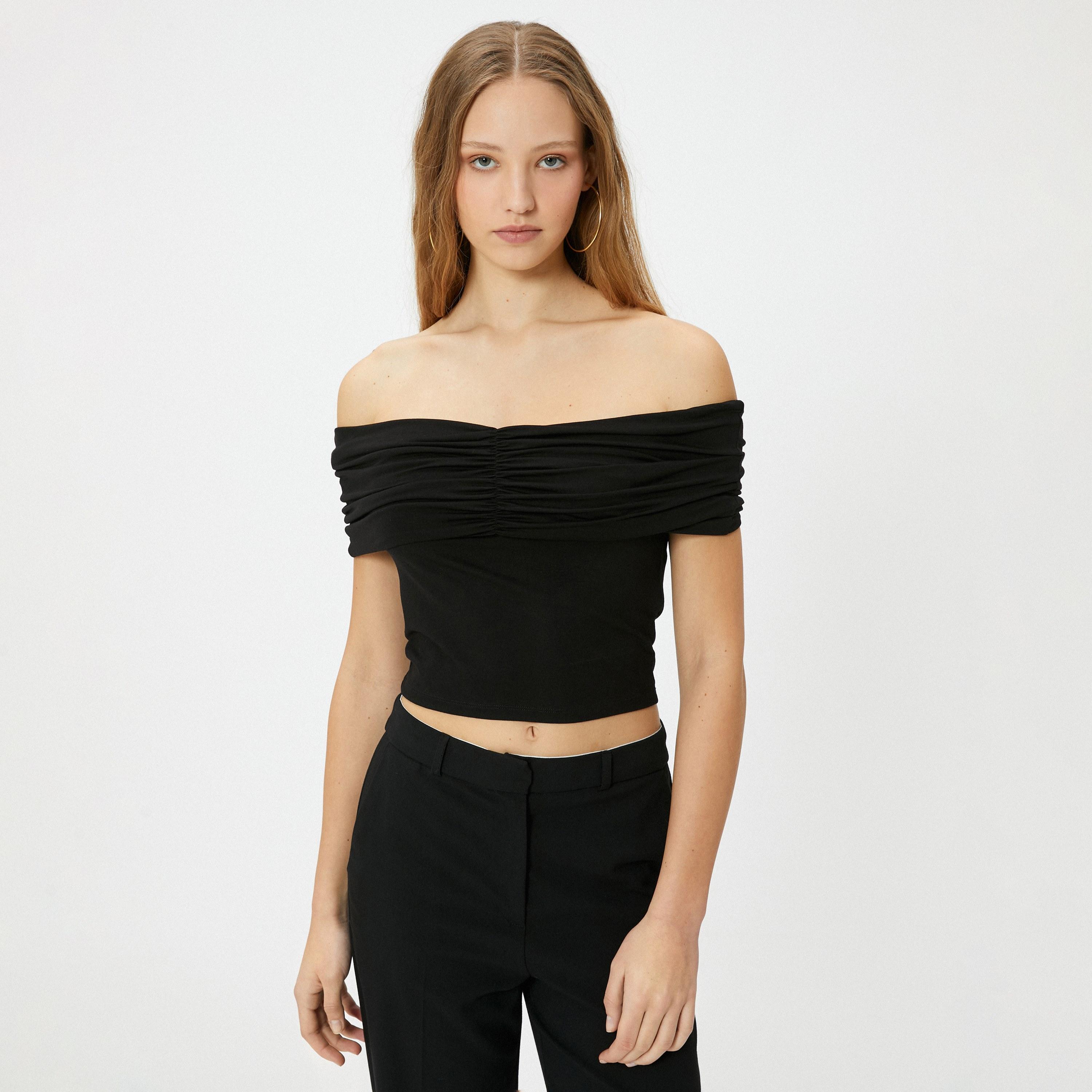KOTON Black Ruched Off Shoulder Women's Cropped Top-women-clothing-shirtsandblouses-blouses-image-1