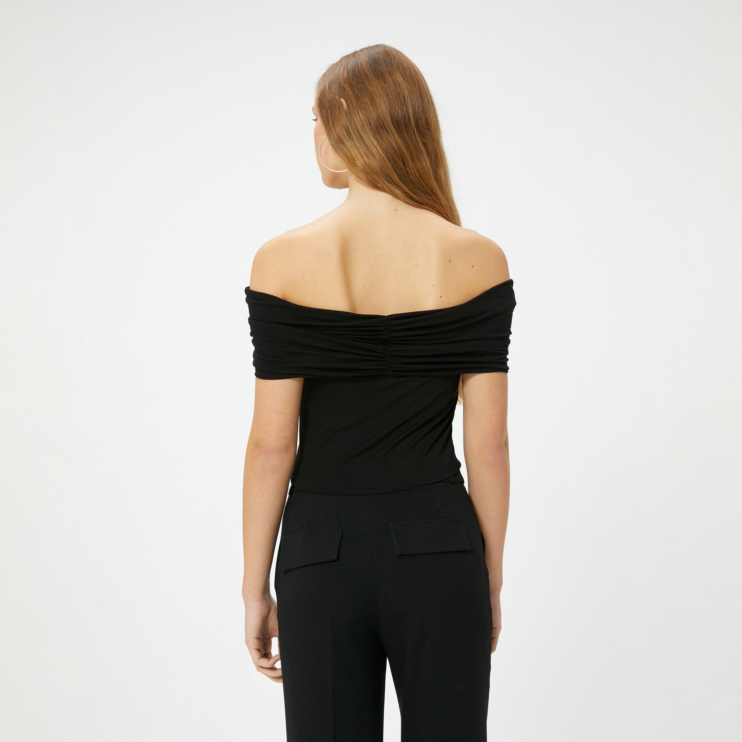 KOTON Black Ruched Off Shoulder Women's Cropped Top-women-clothing-shirtsandblouses-blouses-image-3