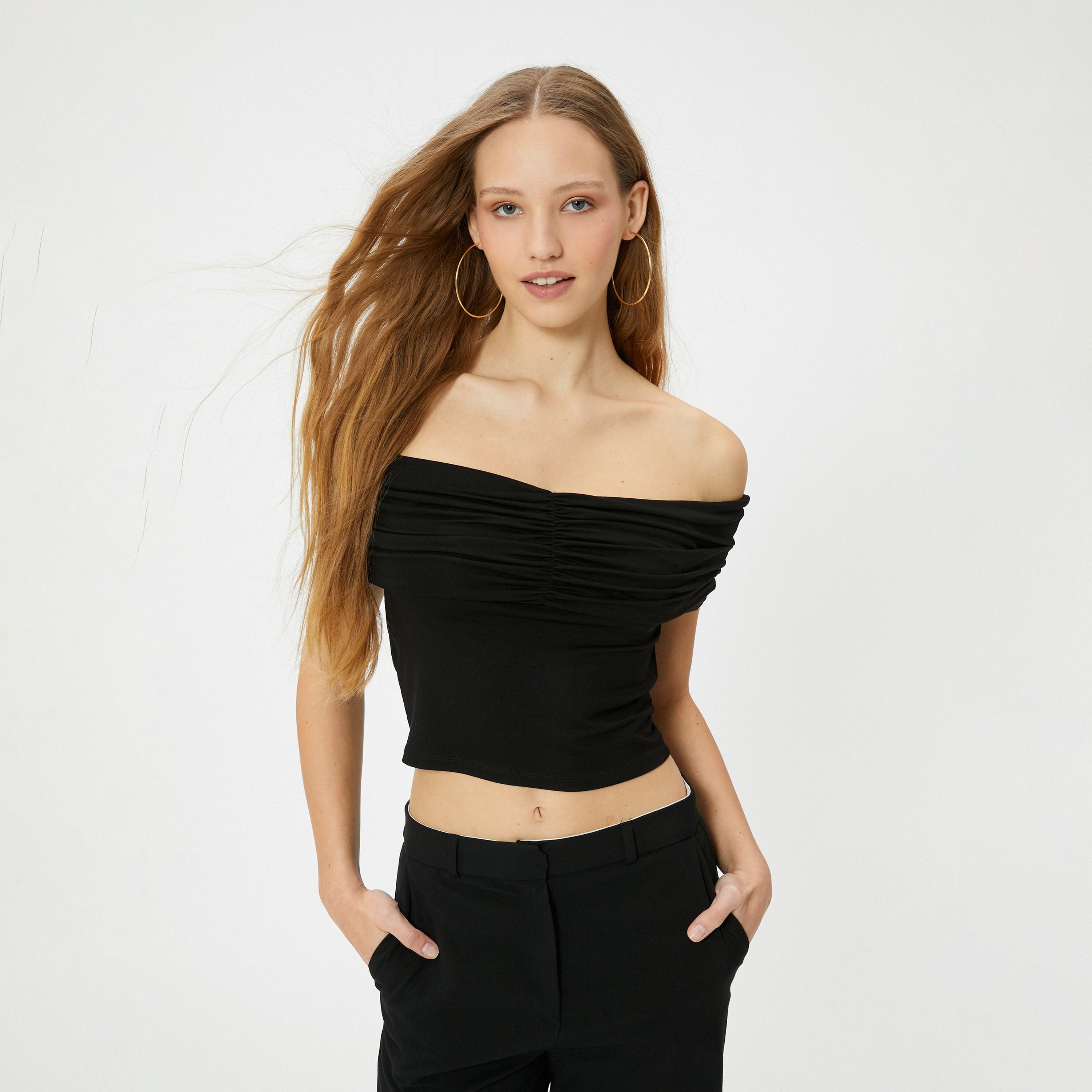 KOTON Black Ruched Off Shoulder Women's Cropped Top-women-clothing-shirtsandblouses-blouses-image-5