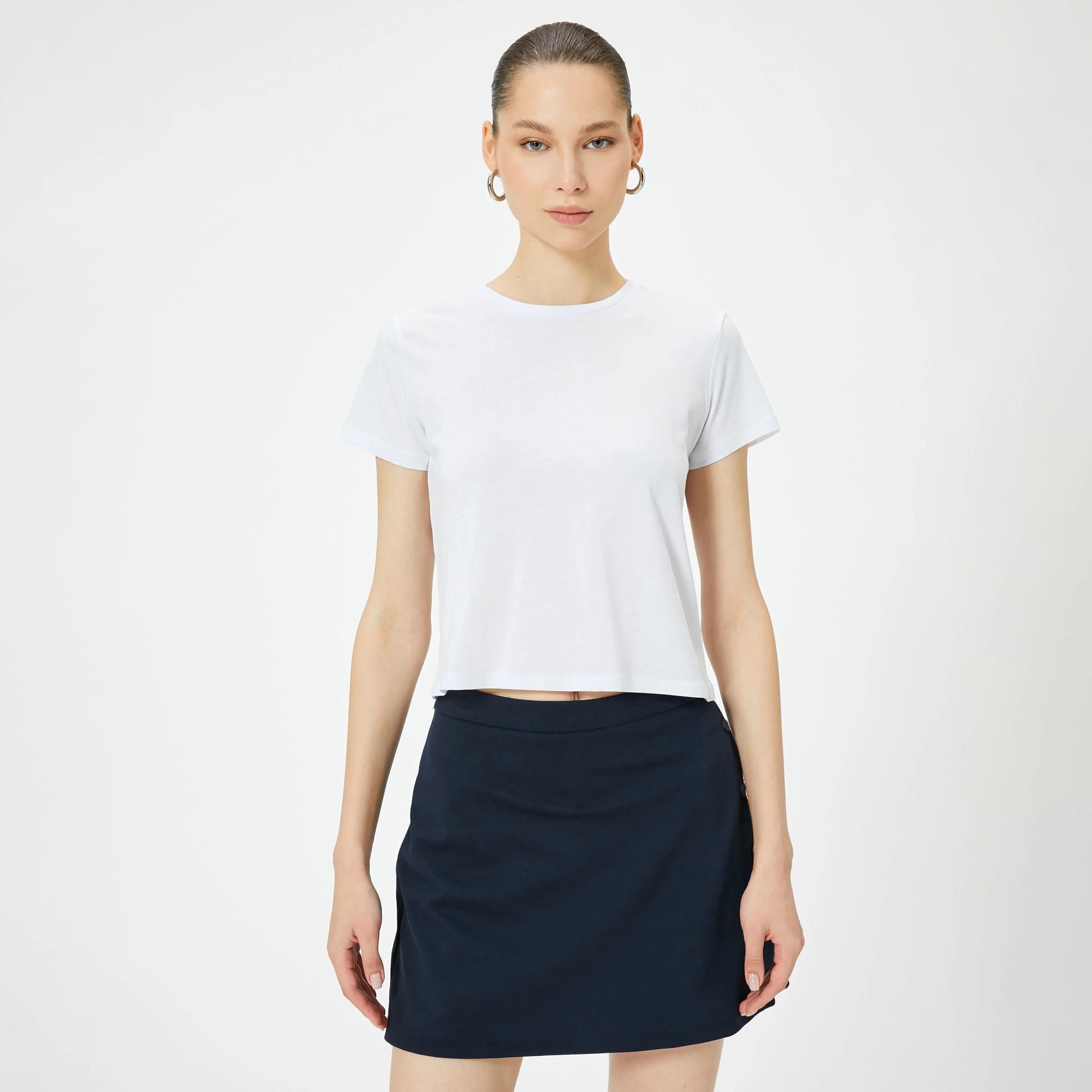 KOTON White Lace Cotton Crew Neck Women's T-Shirt-women-clothing-tshirts-image-1