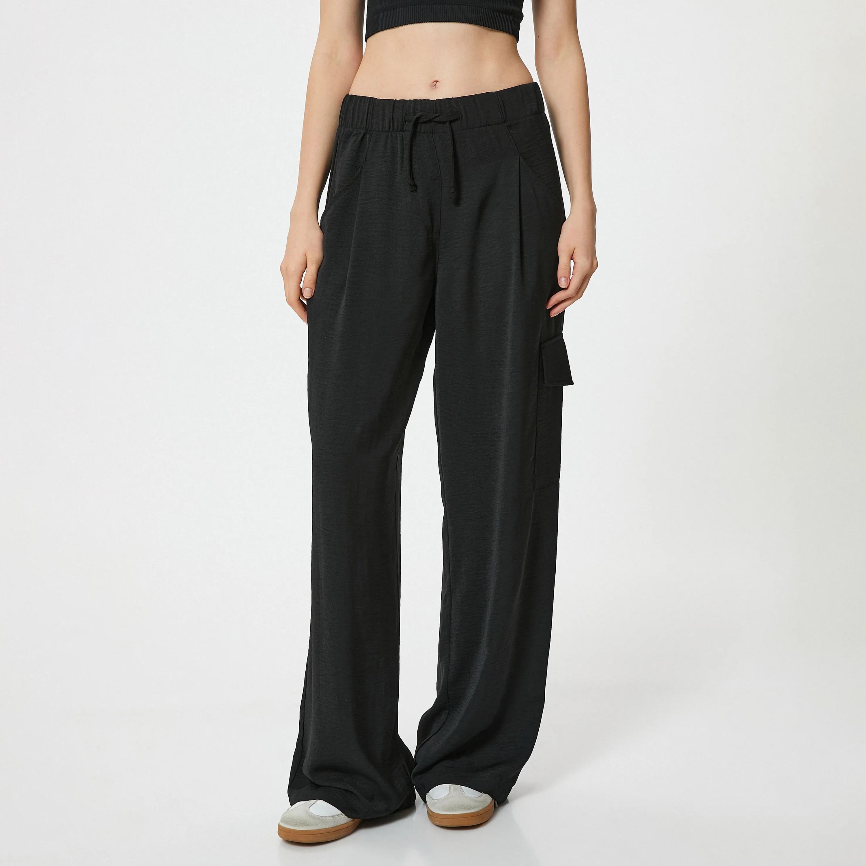 KOTON Black Drawstring Waist Women's Trousers-women-clothing-bottoms-trousers-image-1