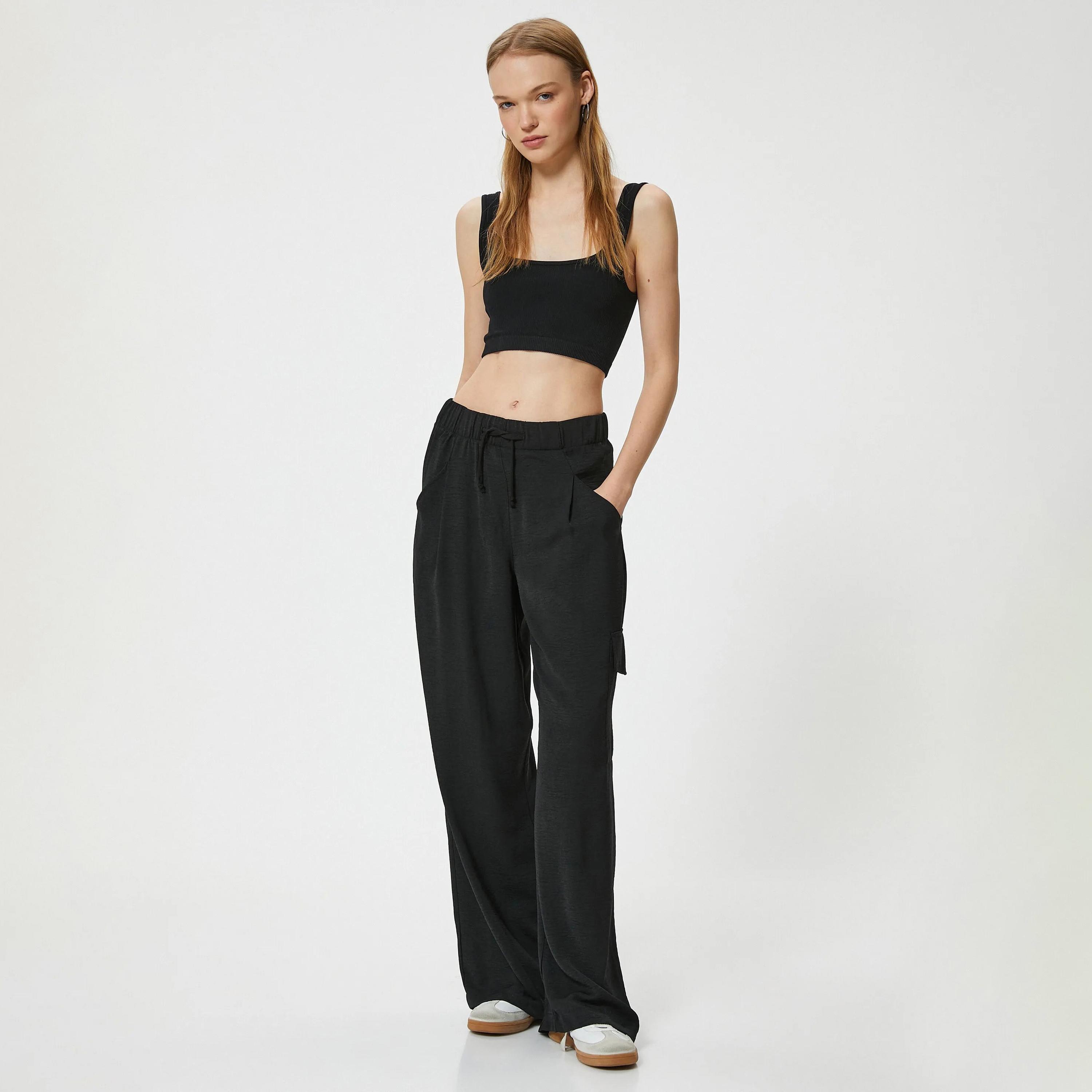 KOTON Black Drawstring Waist Women's Trousers-women-clothing-bottoms-trousers-image-2