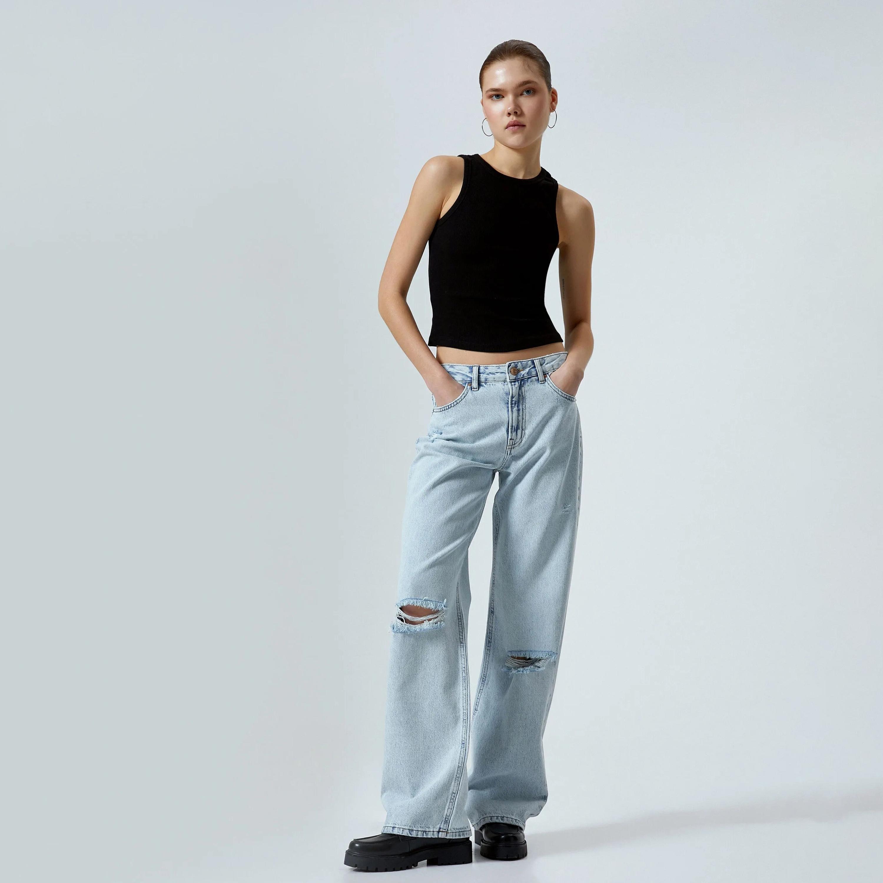 KOTON Straight Fit Distressed Mid-Rise Women's Jeans-women-clothing-bottoms-jeans-image-3