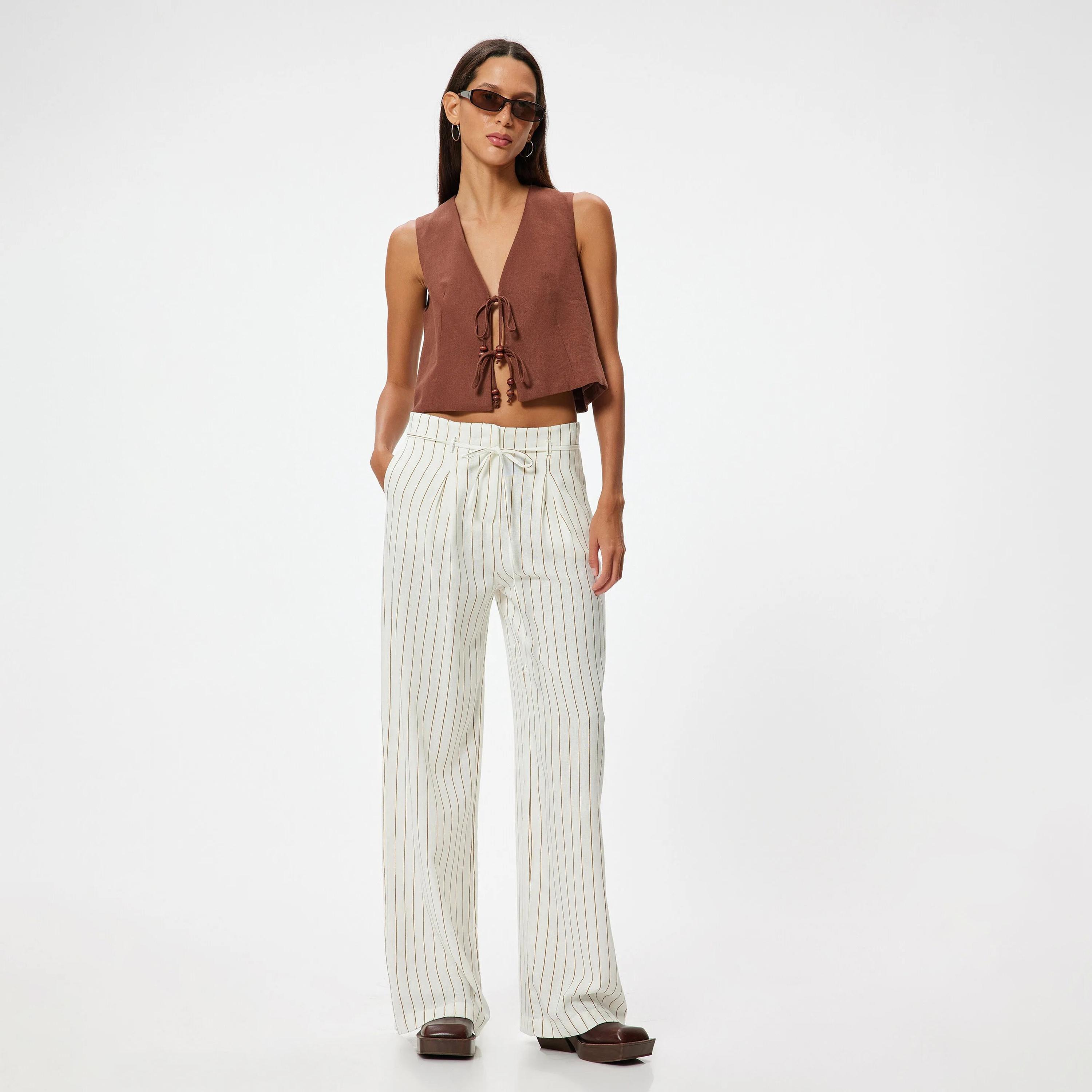 KOTON White Striped Drawstring Waist Women's Trousers-women-clothing-bottoms-trousers-image-2