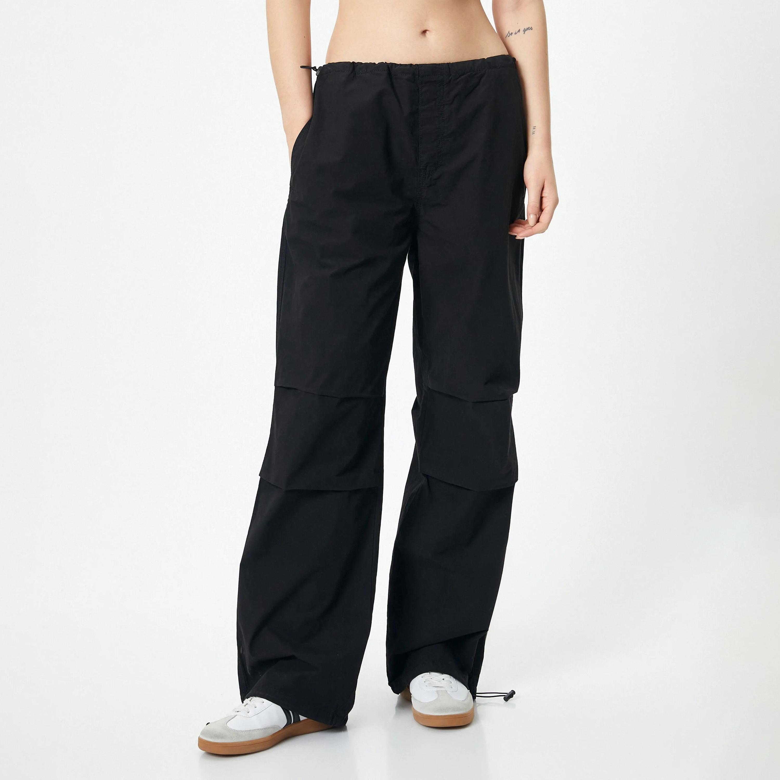 KOTON Black Cotton Drawstring Waist Women's Trousers-women-clothing-bottoms-trousers-image-1