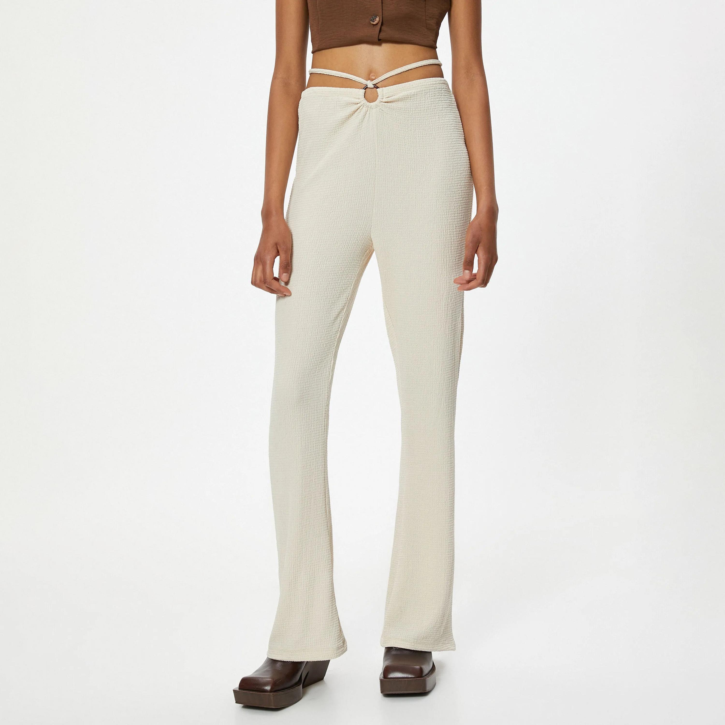KOTON White Textured Drawstring Waist Women's Trousers-women-clothing-bottoms-trousers-image-1