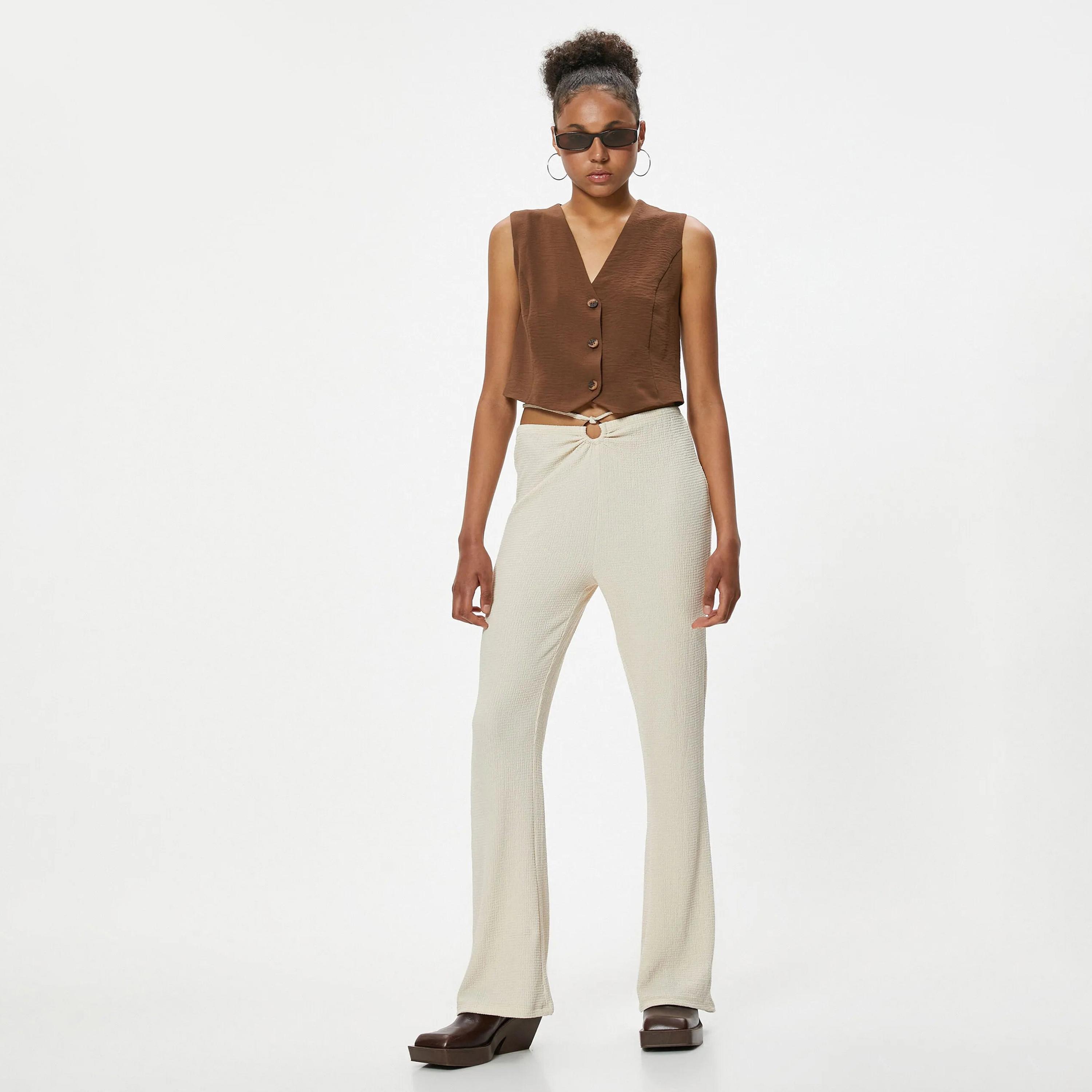 KOTON White Textured Drawstring Waist Women's Trousers-women-clothing-bottoms-trousers-image-2