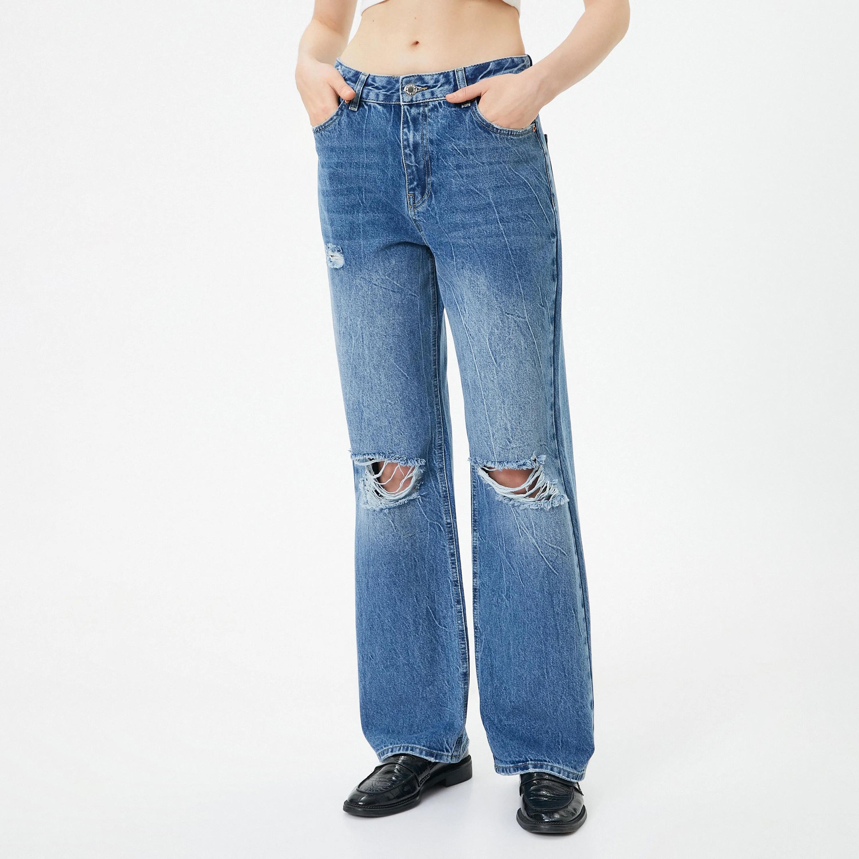 KOTON Straight Fit Distressed Mid-Rise Women's Jeans-women-clothing-bottoms-jeans-image-1