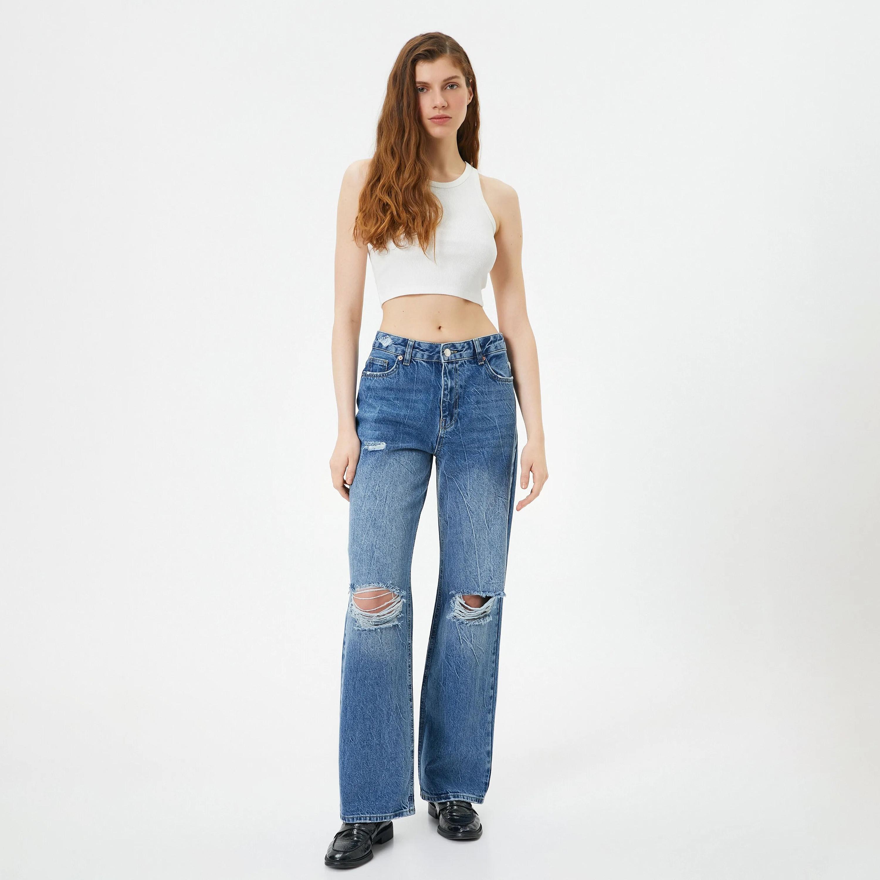 بنطلون جينز نسائي متوسط الارتفاع بقصّة مستقيمة وممزق من كوتون-women-clothing-bottoms-jeans-image-2