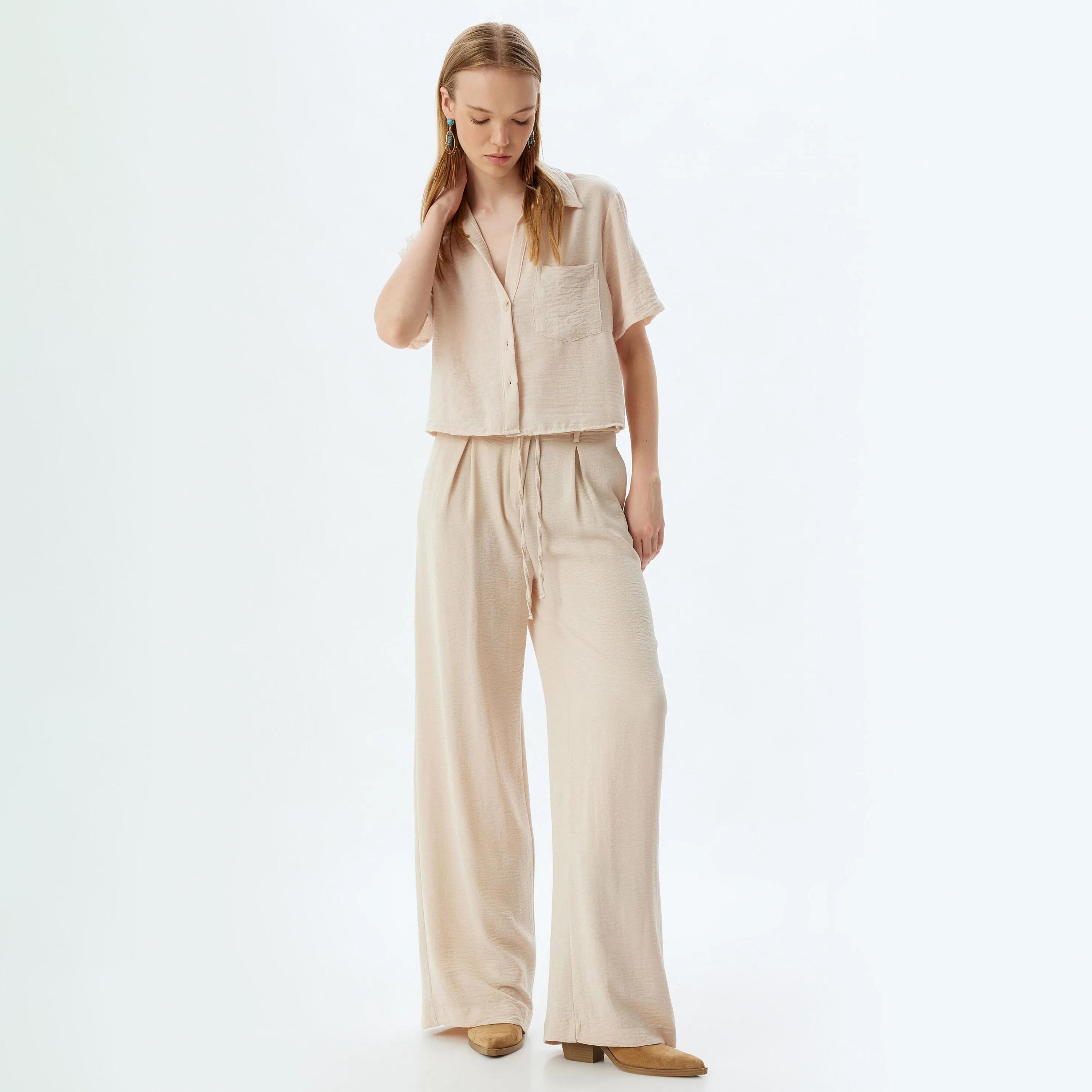 KOTON Textured Drawstring Waist Women's Trousers-women-clothing-bottoms-trousers-image-2