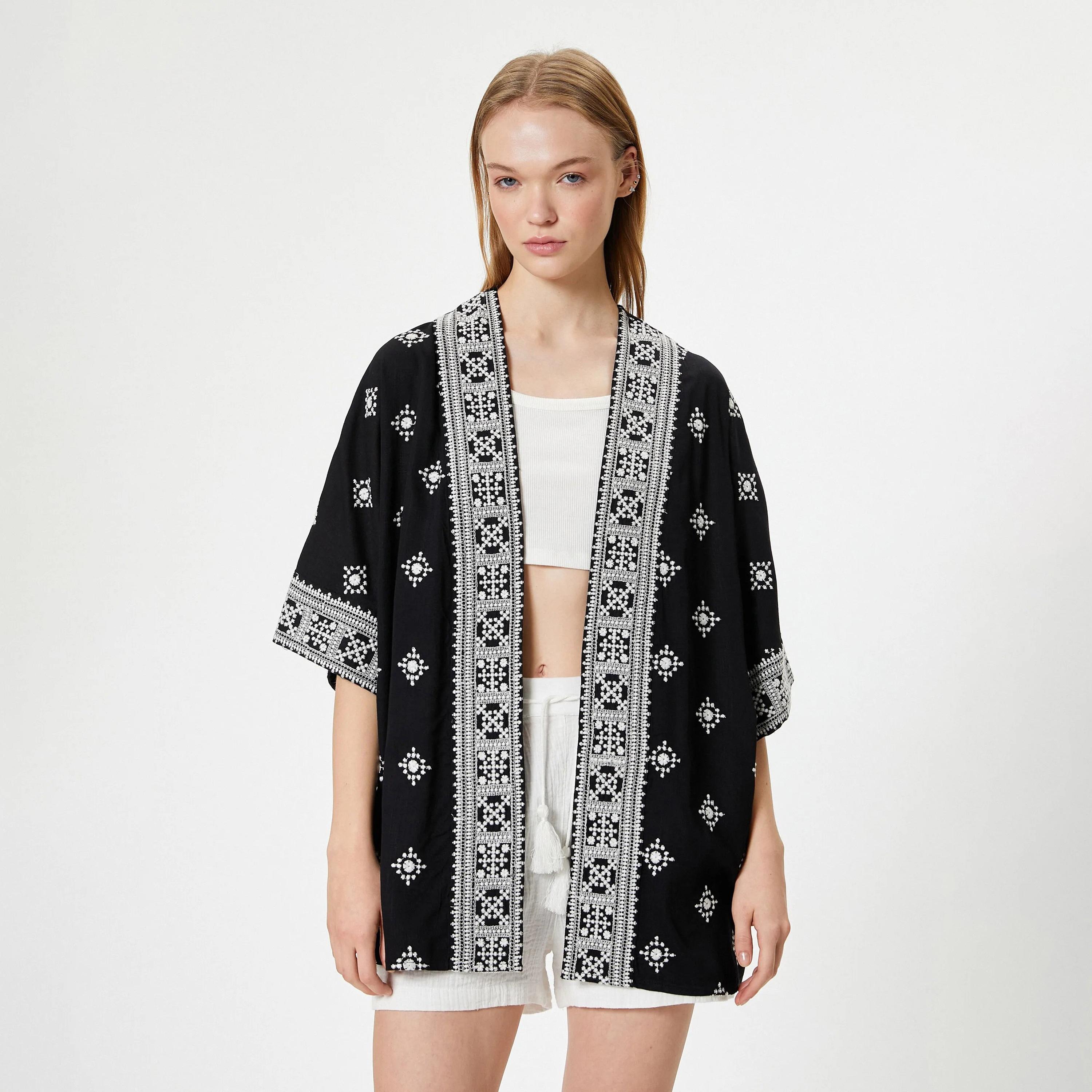 KOTON Black Block Print Women's Kimono-women-clothing-shirtsandblouses-blouses-image-1