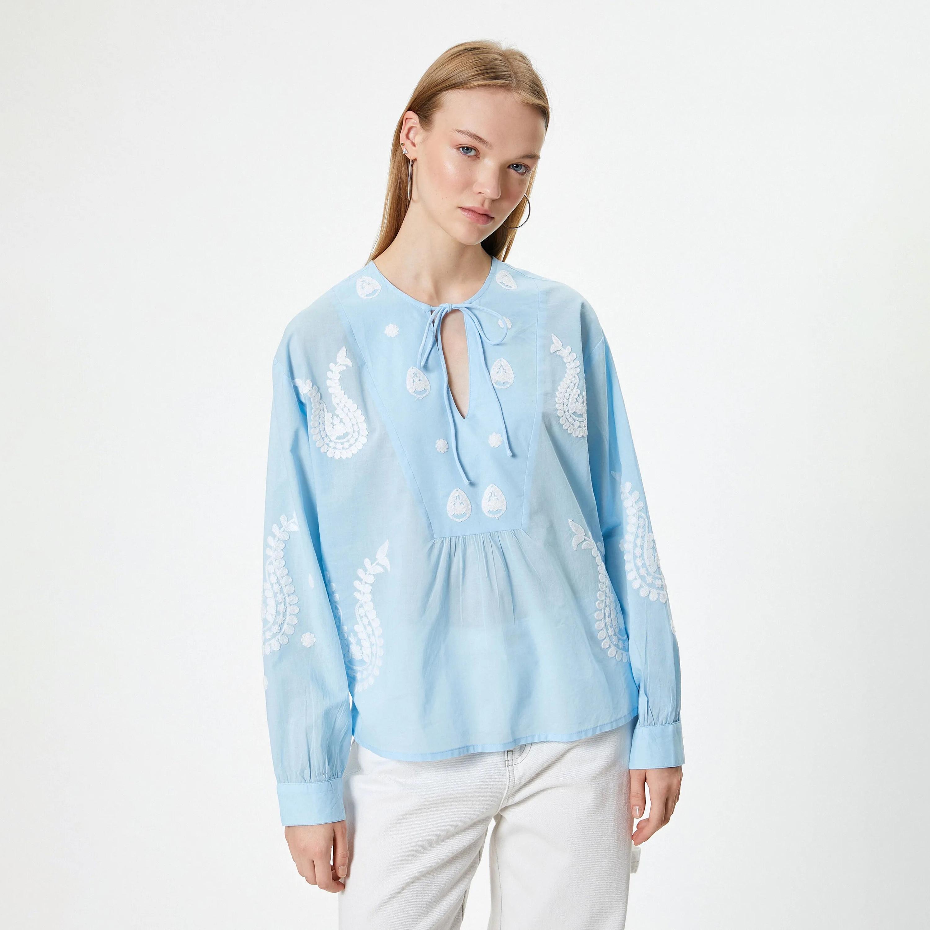 KOTON Blue Embroidered Tie Neck Cuffed Sleeves Women's Top-women-clothing-shirtsandblouses-blouses-image-1