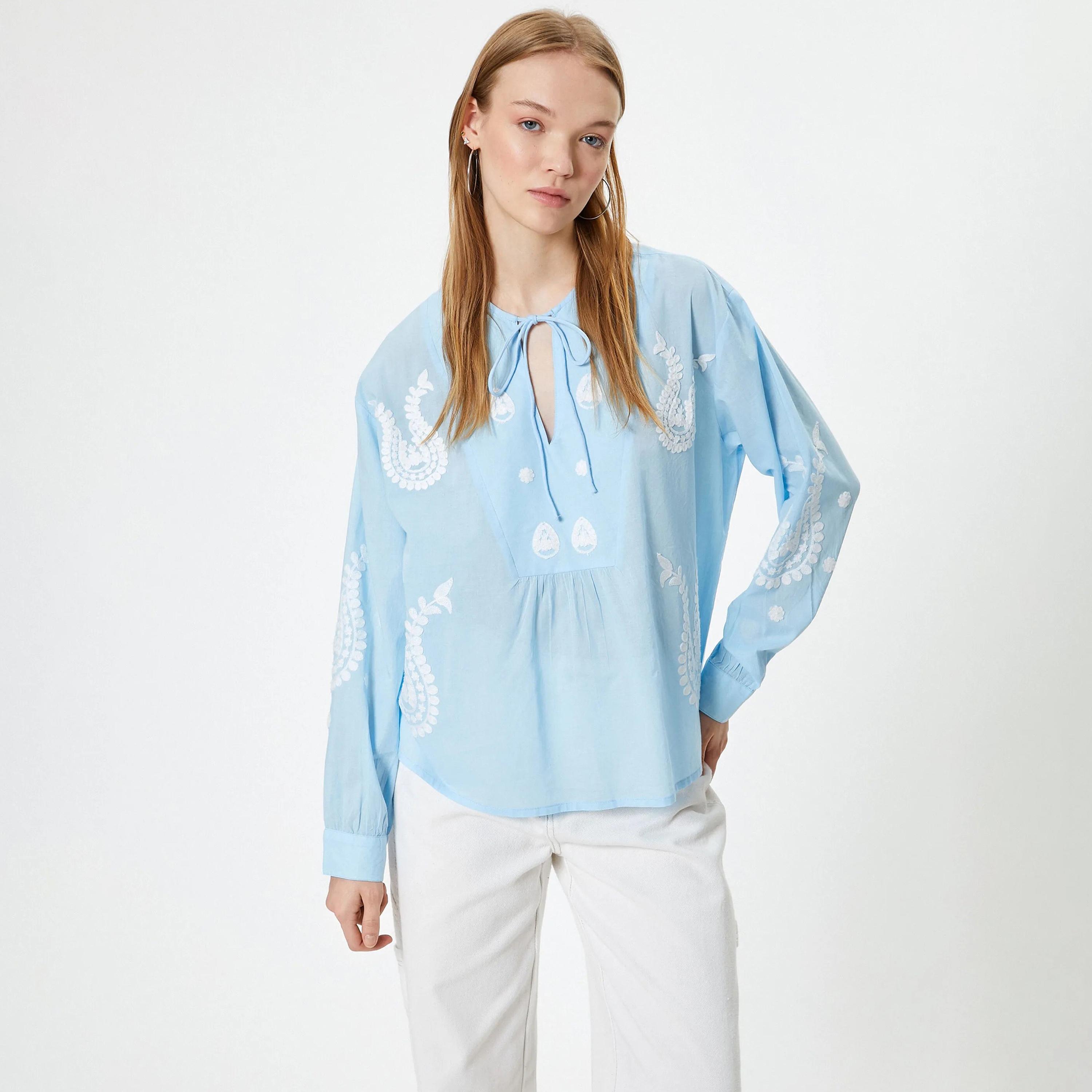 KOTON Blue Embroidered Tie Neck Cuffed Sleeves Women's Top-women-clothing-shirtsandblouses-blouses-image-2