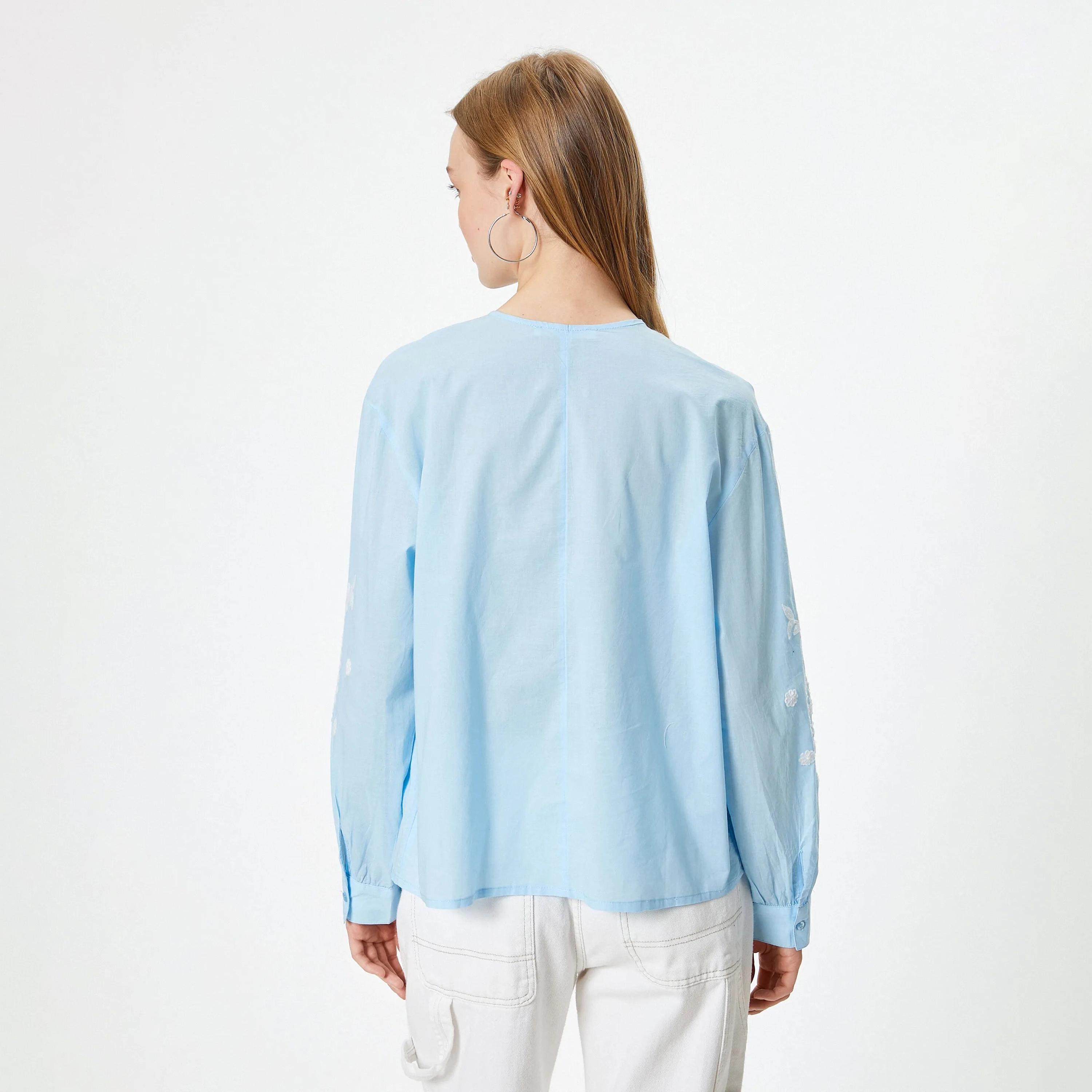 KOTON Blue Embroidered Tie Neck Cuffed Sleeves Women's Top-women-clothing-shirtsandblouses-blouses-image-3