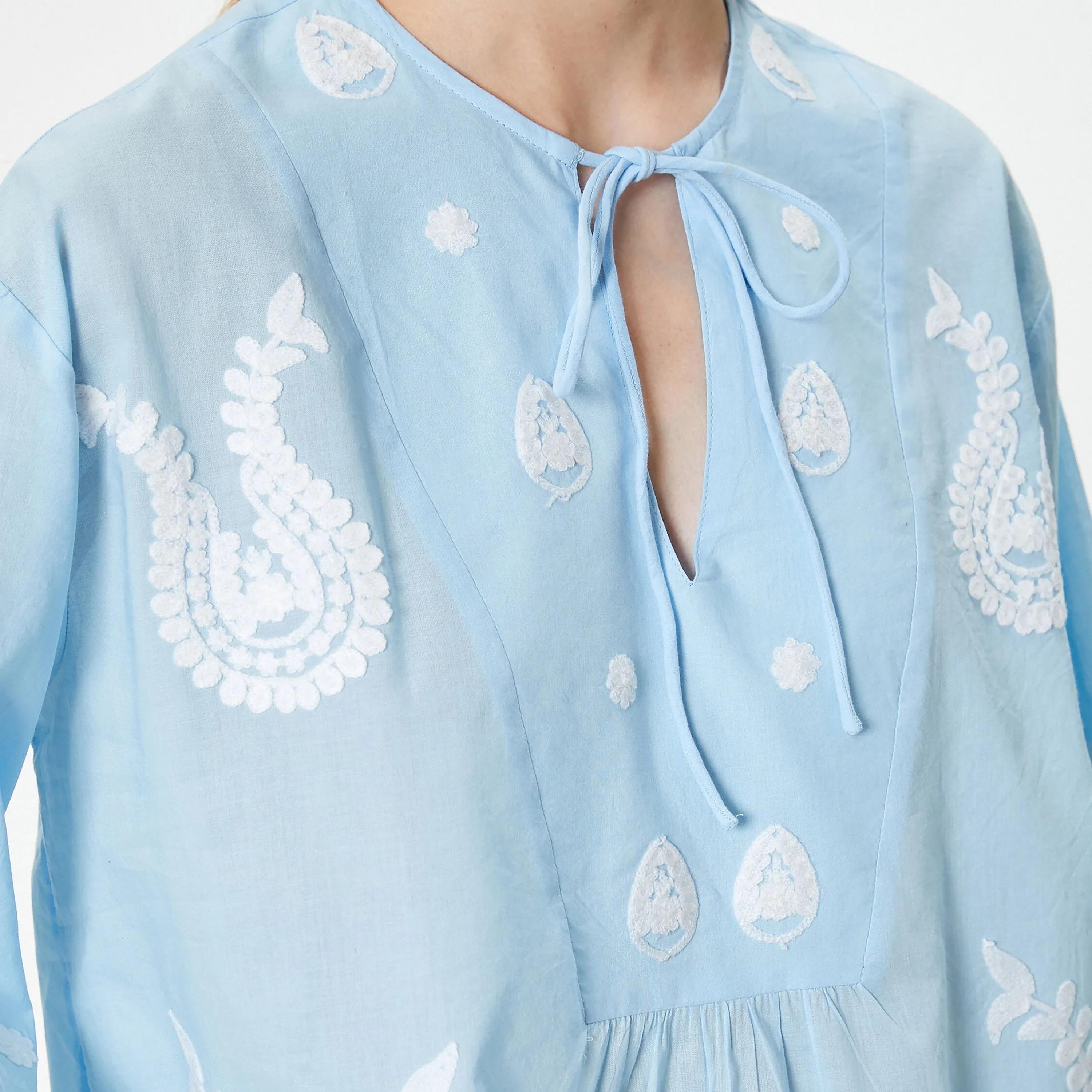 KOTON Blue Embroidered Tie Neck Cuffed Sleeves Women's Top-women-clothing-shirtsandblouses-blouses-image-4