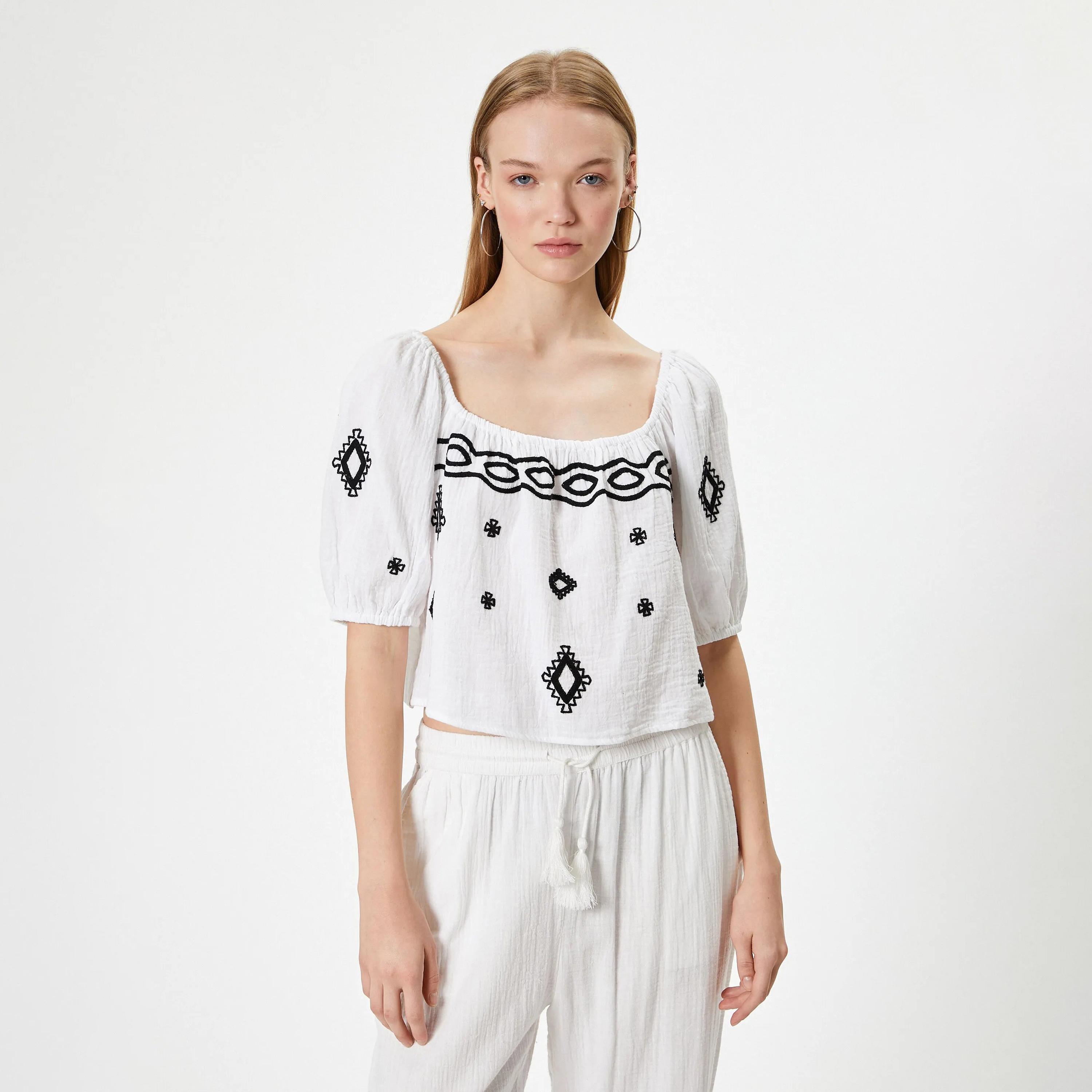 KOTON White Embroidered Square Neck Puff Sleeves Women's Top-women-clothing-shirtsandblouses-blouses-image-1