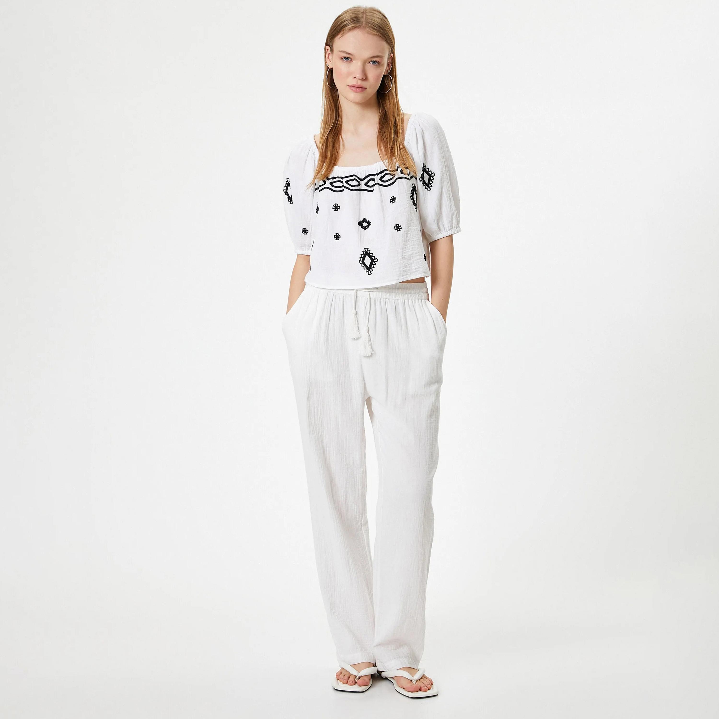 KOTON White Embroidered Square Neck Puff Sleeves Women's Top-women-clothing-shirtsandblouses-blouses-image-2