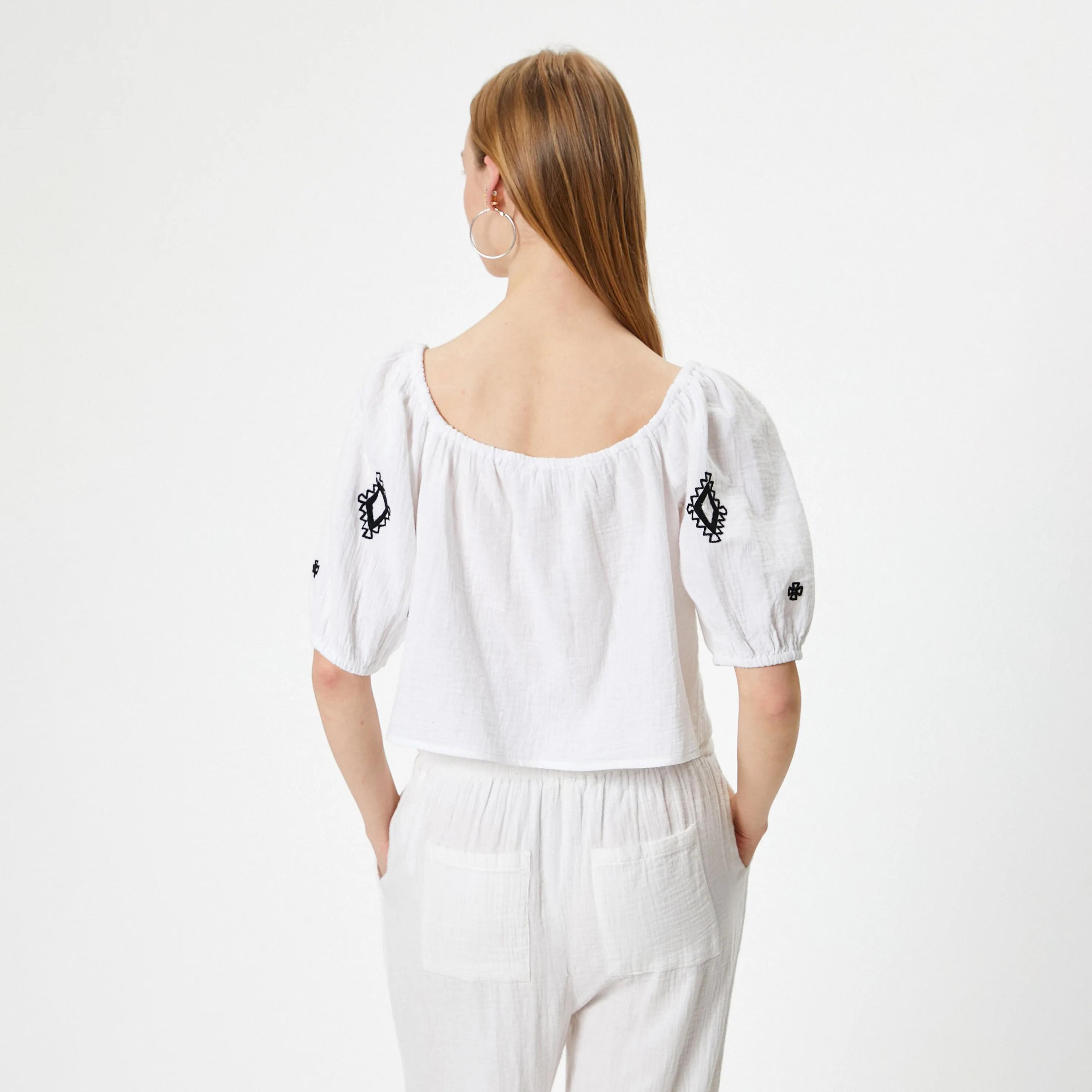 KOTON White Embroidered Square Neck Puff Sleeves Women's Top-women-clothing-shirtsandblouses-blouses-image-3